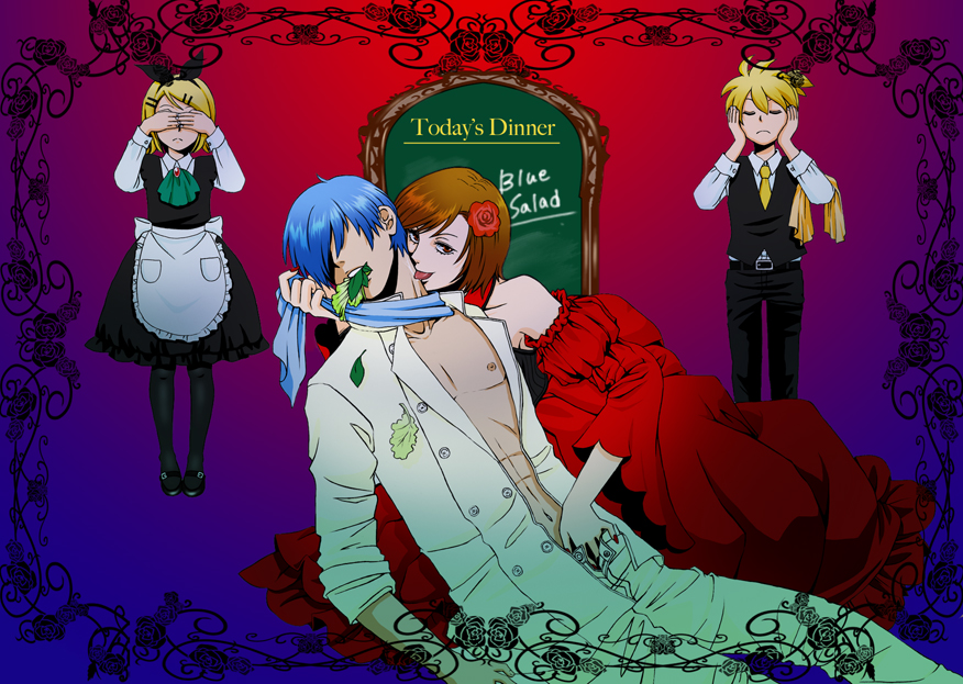 kagamine len, kagamine rin, kaito (vocaloid), meiko (vocaloid), akujiki musume conchita (vocaloid), evillious nendaiki, three monkeys, vocaloid, bad id, bad pixiv id, 2boys, 2girls, blonde hair, blue scarf, brown eyes, brown hair, closed eyes, covering face, covering own ears, covering own eyes, covering privates, dress, flower, hair ornament, hair ribbon, hairclip, licking, licking another's neck, multiple boys, multiple girls, red dress, ribbon, rose, salad, scarf, short hair, smile, strangling, tongue, unzipped