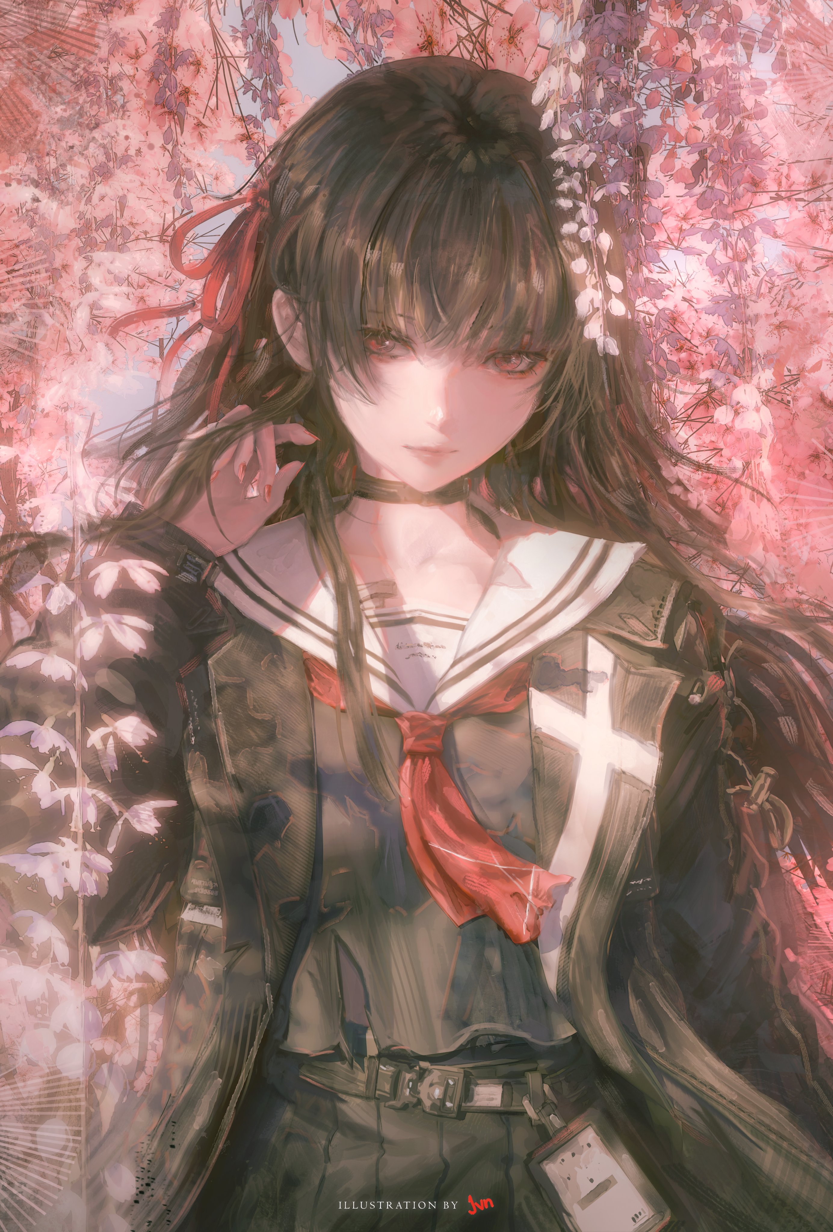 jvn, chisa (wuthering waves), wuthering waves, absurdres, commentary, highres, 1girl, artist name, black choker, black hair, black jacket, black serafuku, black shirt, black skirt, breasts, choker, closed mouth, cowboy shot, fingernails, hair ribbon, hand up, jacket, long hair, long sleeves, looking at viewer, medium breasts, nail polish, neckerchief, red eyes, red nails, red neckerchief, red ribbon, ribbon, sailor collar, school uniform, serafuku, shirt, skirt, solo, white sailor collar