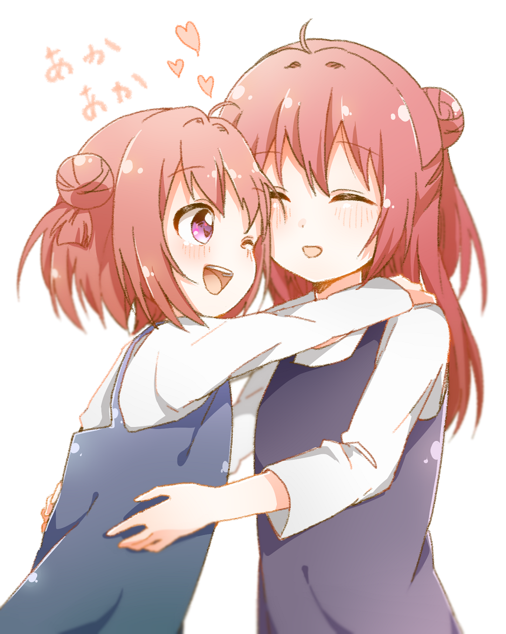 bafarin, akaza akane, akaza akari, yuruyuri, commentary request, highres, 2girls, ;d, ^ ^, blue dress, closed eyes, dress, facing another, hair bun, hands on another's shoulders, hug, looking at another, multiple girls, one eye closed, open mouth, pinafore dress, purple eyes, red hair, shirt, siblings, simple background, sisters, sleeveless, sleeveless dress, smile, teeth, upper body, upper teeth only, white background, white shirt