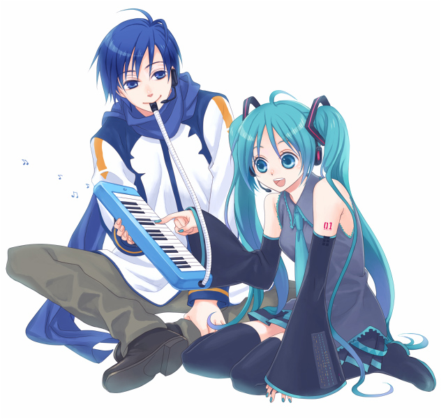 yamigo, hatsune miku, kaito (vocaloid), vocaloid, ahoge, aqua eyes, aqua hair, blue eyes, blue hair, detached sleeves, instrument, keyboard, keyboard (instrument), long hair, melodica, musical note, necktie, short hair, sitting, skirt, smile, thighhighs, twintails, zettai ryouiki