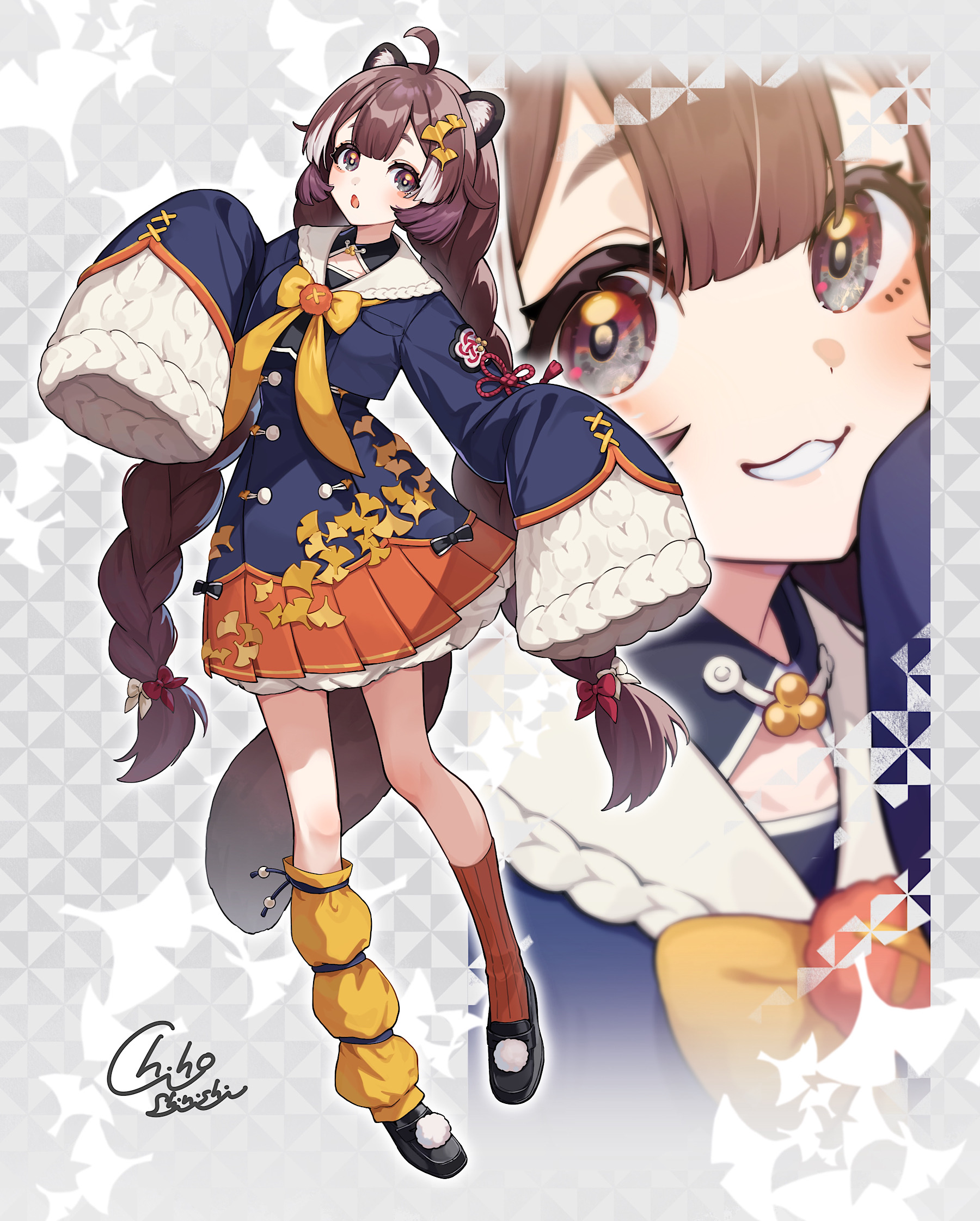 shinishi chiho, original, commentary request, highres, 1girl, :3, :o, ahoge, animal ear fluff, animal ears, asymmetrical legwear, black shoes, blue shirt, blue skirt, blunt bangs, blush, bow, bowtie, braid, brown hair, double-parted bangs, frilled skirt, frills, full body, grey background, grey eyes, hair ornament, long hair, long sleeves, looking at viewer, mismatched legwear, multiple views, open mouth, orange skirt, orange socks, pleated skirt, pom pom (clothes), raccoon ears, raccoon girl, raccoon tail, red ribbon, ribbon, sailor collar, shirt, shoes, signature, skirt, sleeves past fingers, sleeves past wrists, socks, standing, striped clothes, striped socks, tail, twin braids, two-tone skirt, vertical-striped clothes, vertical-striped socks, white sailor collar, wide sleeves, yellow bow, yellow bowtie, yellow socks