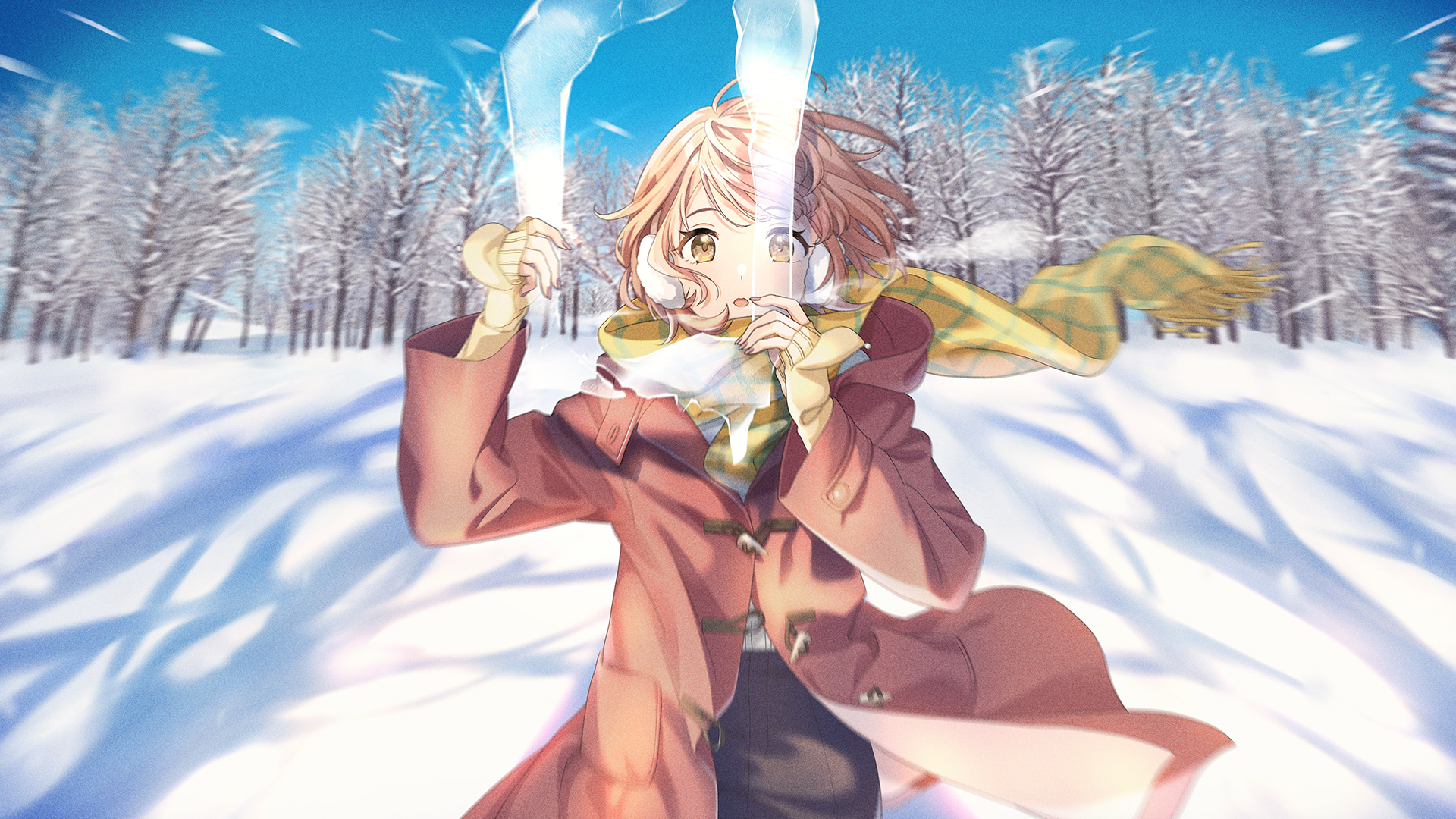 ikuta haruki, idolmaster shiny colors, idolmaster shiny colors song for prism, game cg, official art, 1girl, brown hair, coat, earmuffs, holding, hood, nail polish, scarf, shadow, snow, snowing, solo, tree, yellow eyes