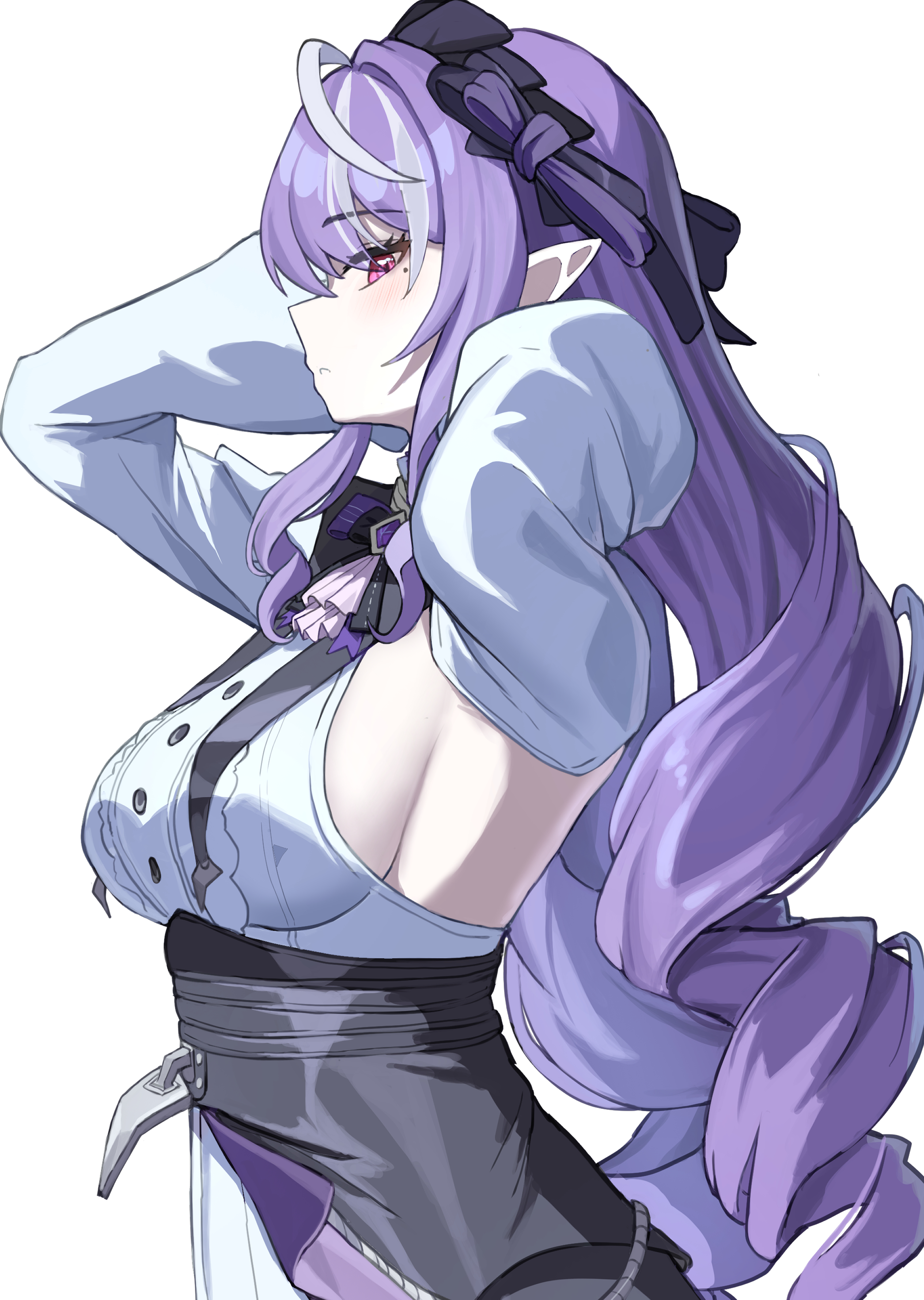 fahufahu, vivian banshee, zenless zone zero, absurdres, commentary, english commentary, highres, 1girl, arms up, bow, breasts, clothing cutout, detached sleeves, hair bow, long hair, medium breasts, mole, mole under eye, pink eyes, pointy ears, purple hair, shirt, side cutout, sideboob, simple background, solo, upper body, very long hair, wavy hair, white background, white shirt
