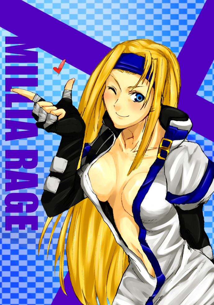 ash (giryo), giryo, millia rage, arc system works, guilty gear, bad id, bad pixiv id, 1girl, blonde hair, blowing kiss, blue eyes, blue headband, blush, breasts, cleavage, elbow gloves, female focus, fingerless gloves, gloves, hairband, headband, heart, large breasts, long hair, one eye closed, open clothes, open shirt, shirt, solo, very long hair, wink