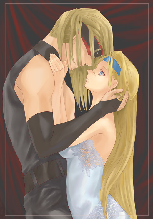 kogara, kogaran, eddie (guilty gear), millia rage, zato-1, arc system works, guilty gear, 1boy, 1girl, bare shoulders, blindfold, blonde hair, blue eyes, dress, elbow gloves, fingerless gloves, gloves, hairband, headband, long hair, strapless, strapless dress, very long hair