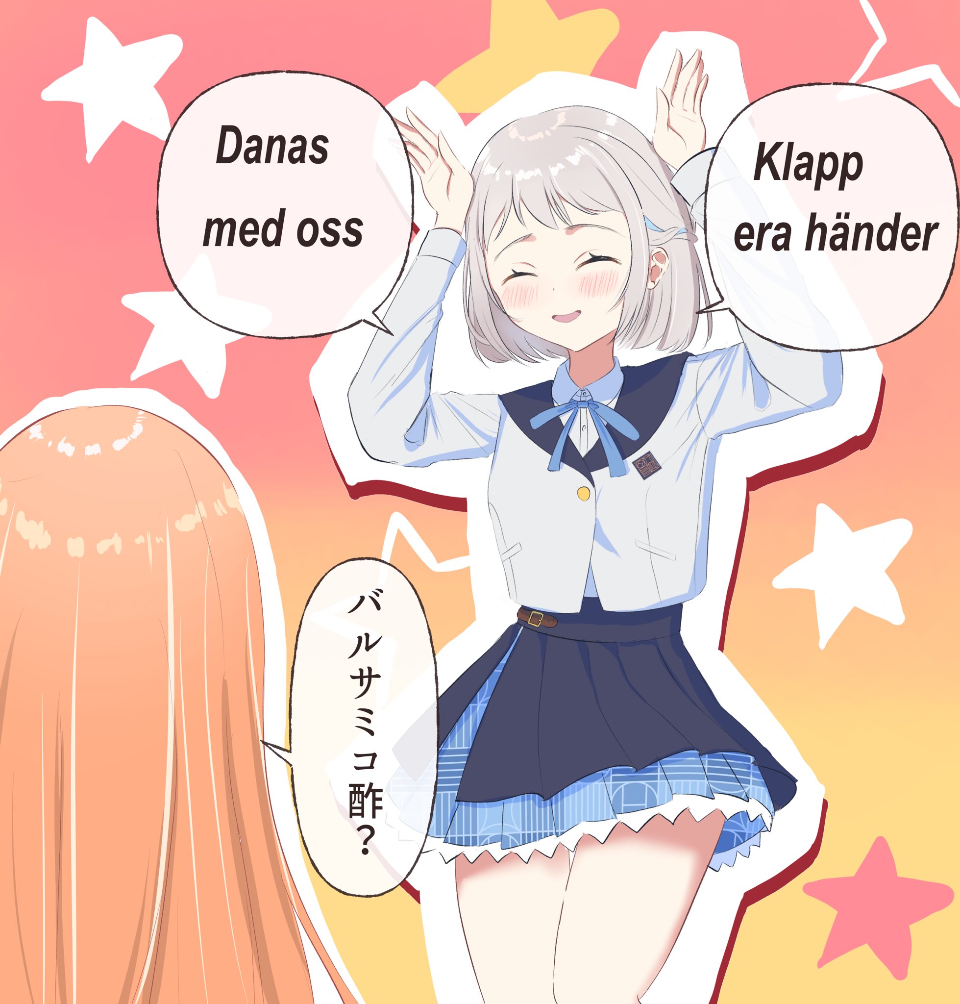 katsuragi lilja, shiun sumika, gakuen idolmaster, idolmaster, commentary request, highres, 2girls, ^ ^, arms up, blue ribbon, blue skirt, blush, braid, caramelldansen, closed eyes, cowboy shot, dancing, dorachi, dot nose, facing another, gradient background, grey hair, hair ribbon, half up braid, hatsuboshi gakuen school uniform, jacket, long hair, long sleeves, multiple girls, neck ribbon, open mouth, orange background, orange hair, outline, pink background, pleated skirt, rabbit pose, ribbon, ribbon braid, school uniform, shirt, short hair, skirt, smile, speech bubble, standing, star (symbol), star symbol background, thick outlines, white outline, white shirt