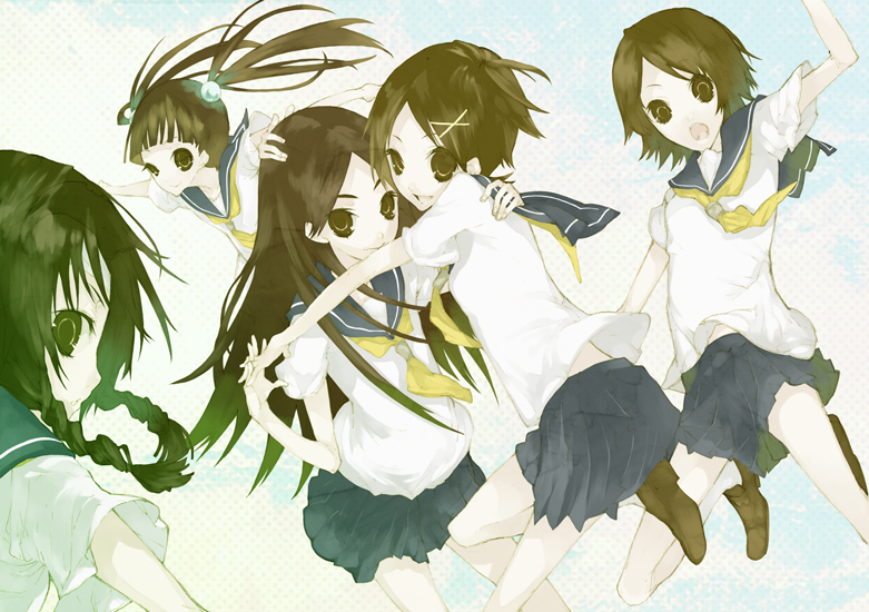 mercre, fuura kafuka, hitou nami, kitsu chiri, kobushi abiru, komori kiri, otonashi meru, sayonara zetsubou sensei, bad id, bad pixiv id, 00s, 5girls, black hair, multiple girls, school uniform, serafuku