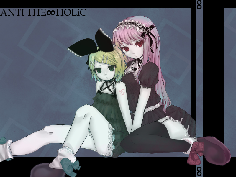 tyun, kagamine rin, megurine luka, anti the infinite holic (vocaloid), vocaloid, bad id, bad pixiv id, 2girls, blonde hair, frills, gradient hair, green eyes, hair ornament, hair ribbon, hairband, hairclip, long hair, multicolored hair, multiple girls, pink eyes, pink hair, ribbon, short hair, skirt, thighhighs