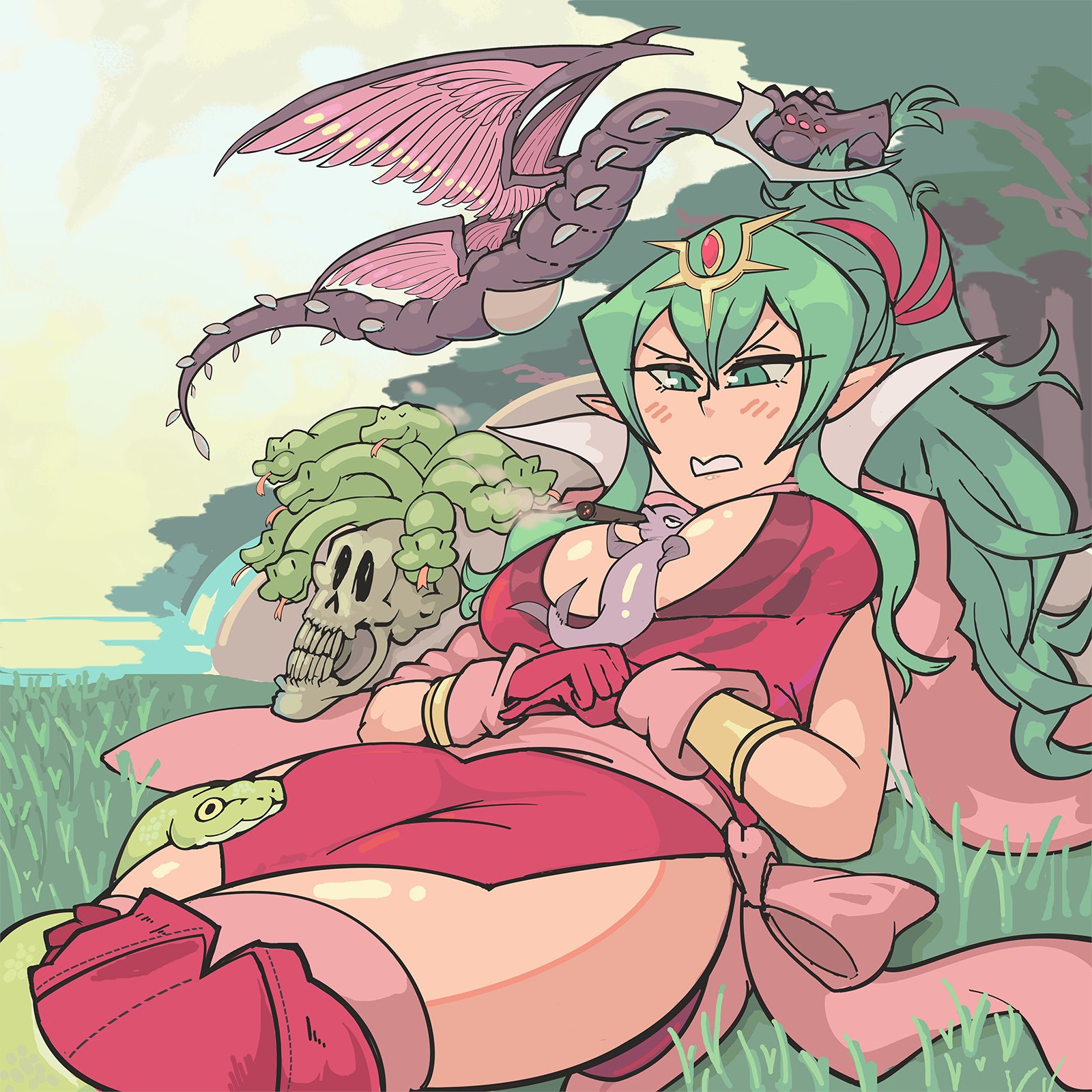 davewaterfalls, grima (fire emblem), tiki (adult) (fire emblem), tiki (fire emblem), fire emblem, fire emblem awakening, nintendo, 1girl, breasts, cigar, dragon, fish, green eyes, green hair, large breasts, pointy ears, ponytail, snake, thick thighs, thighs