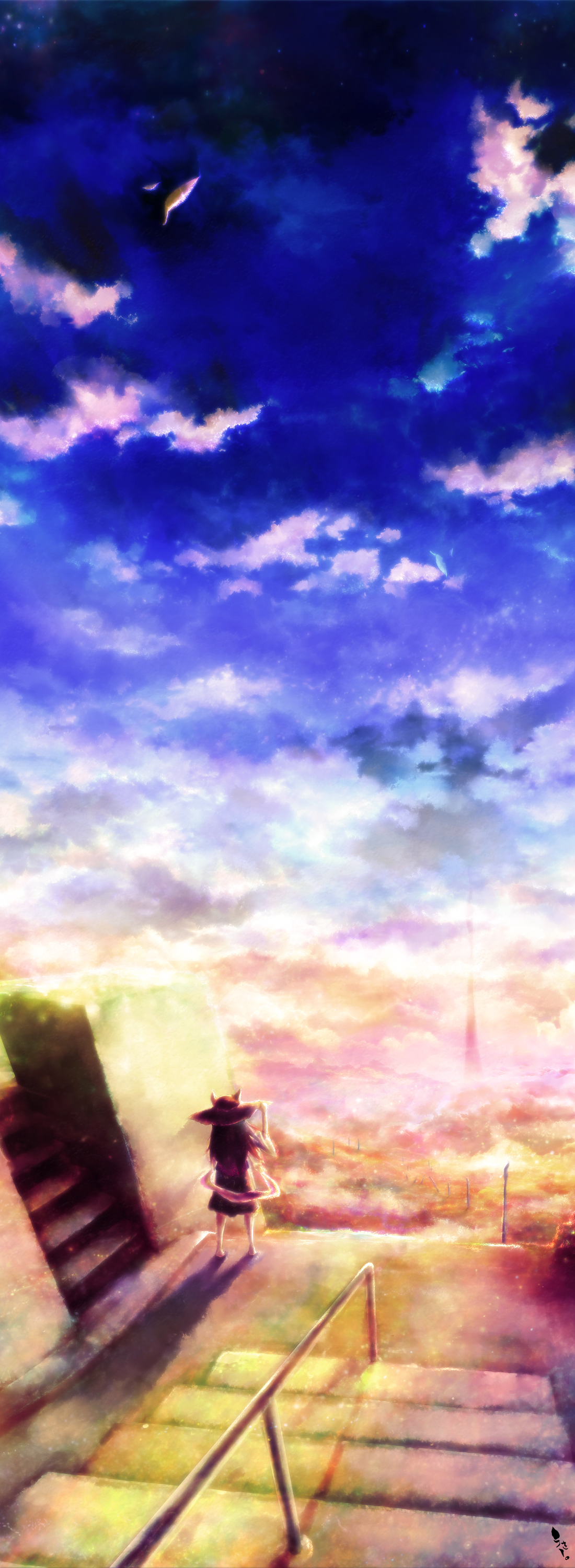 staygarden, ukihashi, ukihashi kei, naga (staygarden), ryuujin naga, absurdres, bad id, bad pixiv id, highres, 1girl, barefoot, cloud, female focus, from behind, grand scale, hand on headwear, hat, horns, scenery, sky, solo, stairs, star (sky), star (symbol), starry sky