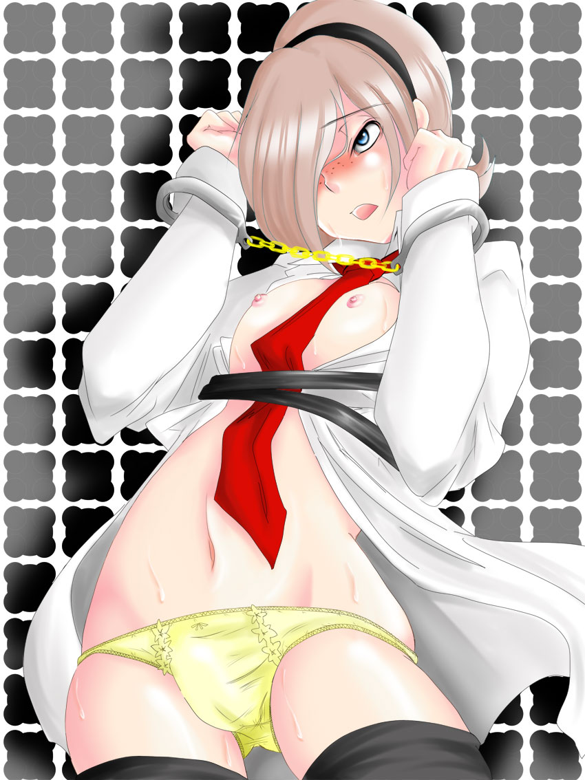 ash crimson, snk, the king of fighters, 1boy, bulge, crossdressing, crossdressing (mtf), cuffs, handcuffs, male focus, panties, slave, solo, trap, underwear