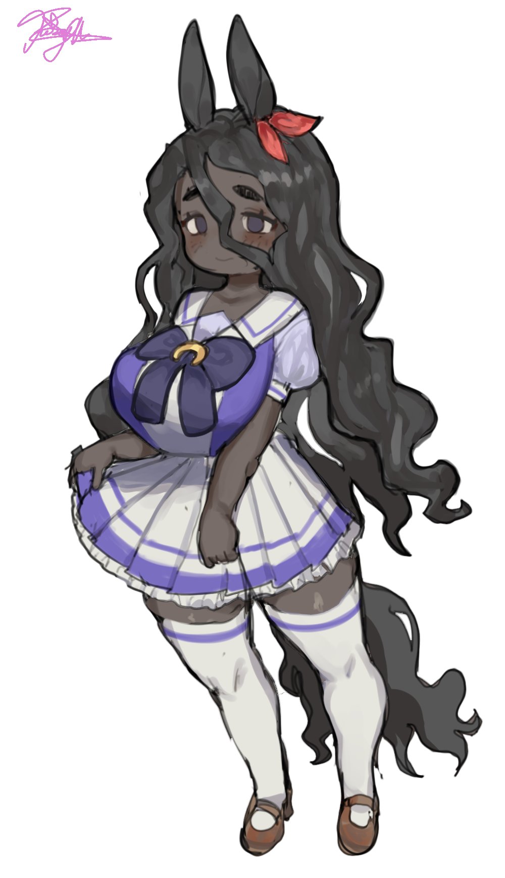 pissgata, umamusume, commentary, english commentary, highres, 1girl, animal ears, black eyes, black hair, blush, bow, breasts, brown shoes, closed mouth, dark-skinned female, dark skin, friesian horse girl, frilled skirt, frills, full body, hair between eyes, hair ribbon, horse ears, horse girl, horse tail, horseshoe ornament, large breasts, long hair, mary janes, personification, pleated skirt, puffy short sleeves, puffy sleeves, purple sleeves, red ribbon, ribbon, sailor collar, school uniform, shirt, shoes, short sleeves, signature, simple background, skirt, smile, solo, standing, tail, thick eyebrows, thick thighs, thighhighs, thighs, tracen school uniform, very dark skin, very long hair, wavy hair, white background, white sailor collar, white skirt, white thighhighs, zettai ryouiki