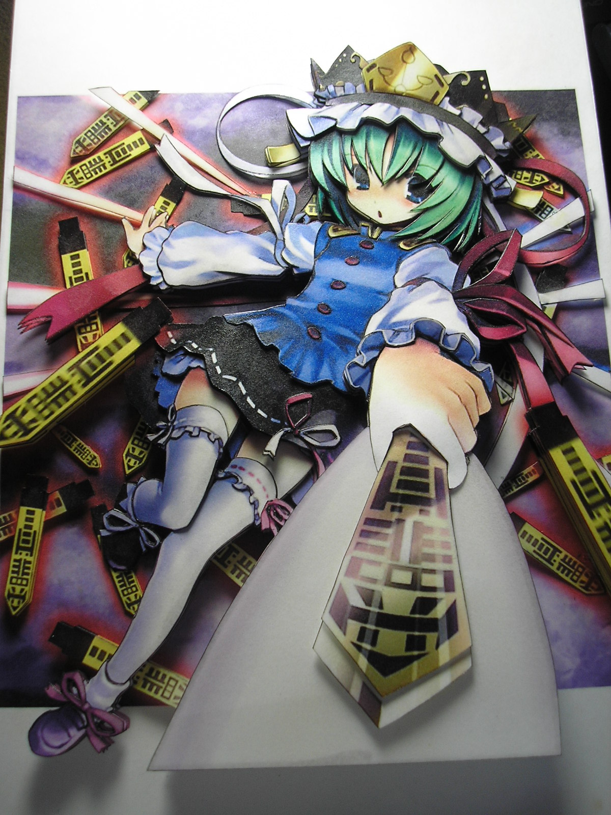 katahira masashi, kuari, shiki eiki, touhou, bad id, bad pixiv id, highres, papercraft (medium), unconventional media, 1girl, female focus, full body, green hair, hat, rod of remorse, short hair, skirt, solo, thighhighs, white thighhighs