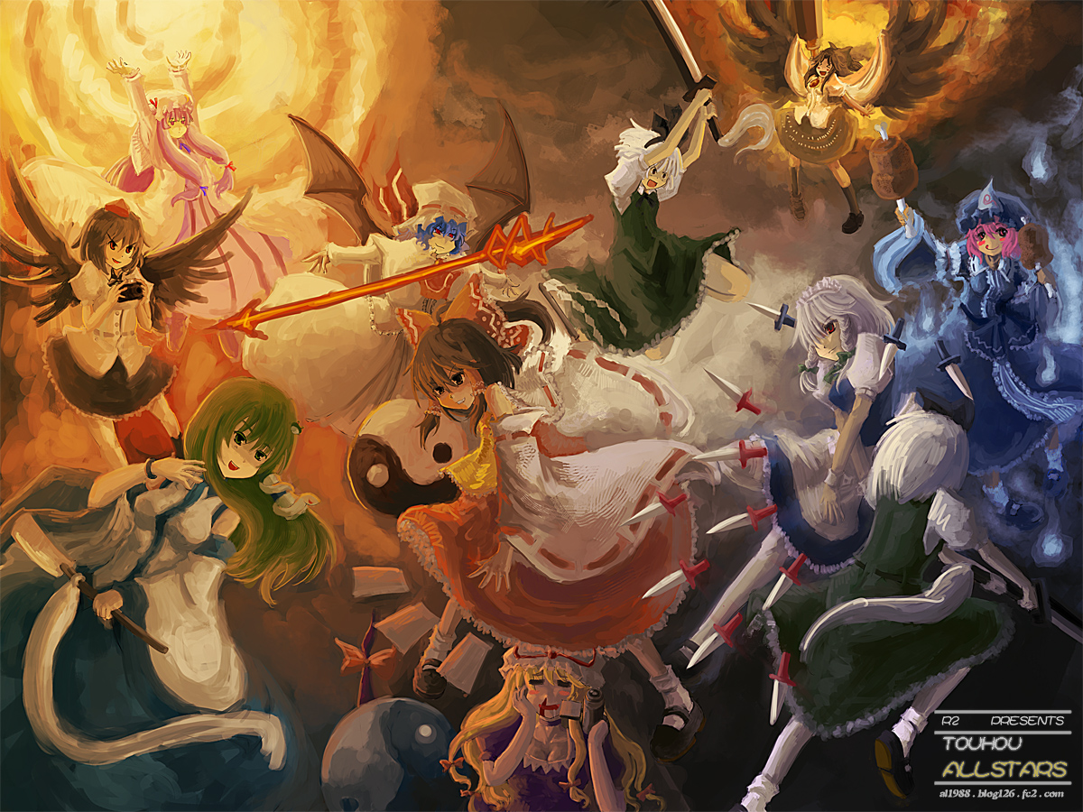 r2sais, hakurei reimu, izayoi sakuya, kochiya sanae, konpaku youmu, patchouli knowledge, reiuji utsuho, remilia scarlet, saigyouji yuyuko, shameimaru aya, yakumo yukari, defense of the ancients, dota (series), touhou, bad id, bad pixiv id, 6+girls, battle, blood, boned meat, female focus, female pervert, food, meat, multiple girls, nosebleed, parody, pervert, spear the gungnir