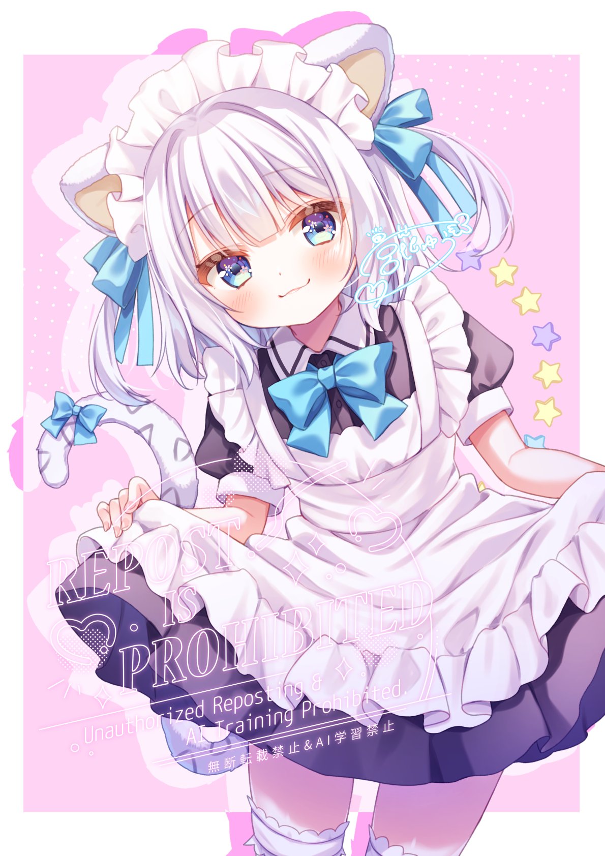 miyahana yu (artist), original, hashtag-only commentary, highres, 1girl, :3, animal ears, apron, black dress, blue bow, blue bowtie, blue eyes, blue ribbon, blush, border, bow, bowtie, cat ears, cat girl, cat tail, closed mouth, collared dress, contrast collar, cowboy shot, dress, frilled apron, frills, hair ribbon, looking at viewer, maid, maid headdress, outside border, pink background, ribbon, short hair, short sleeves, signature, simple background, skirt hold, smile, solo, tail, tail bow, tail ornament, thighhighs, two side up, watermark, white apron, white border, white hair, white thighhighs