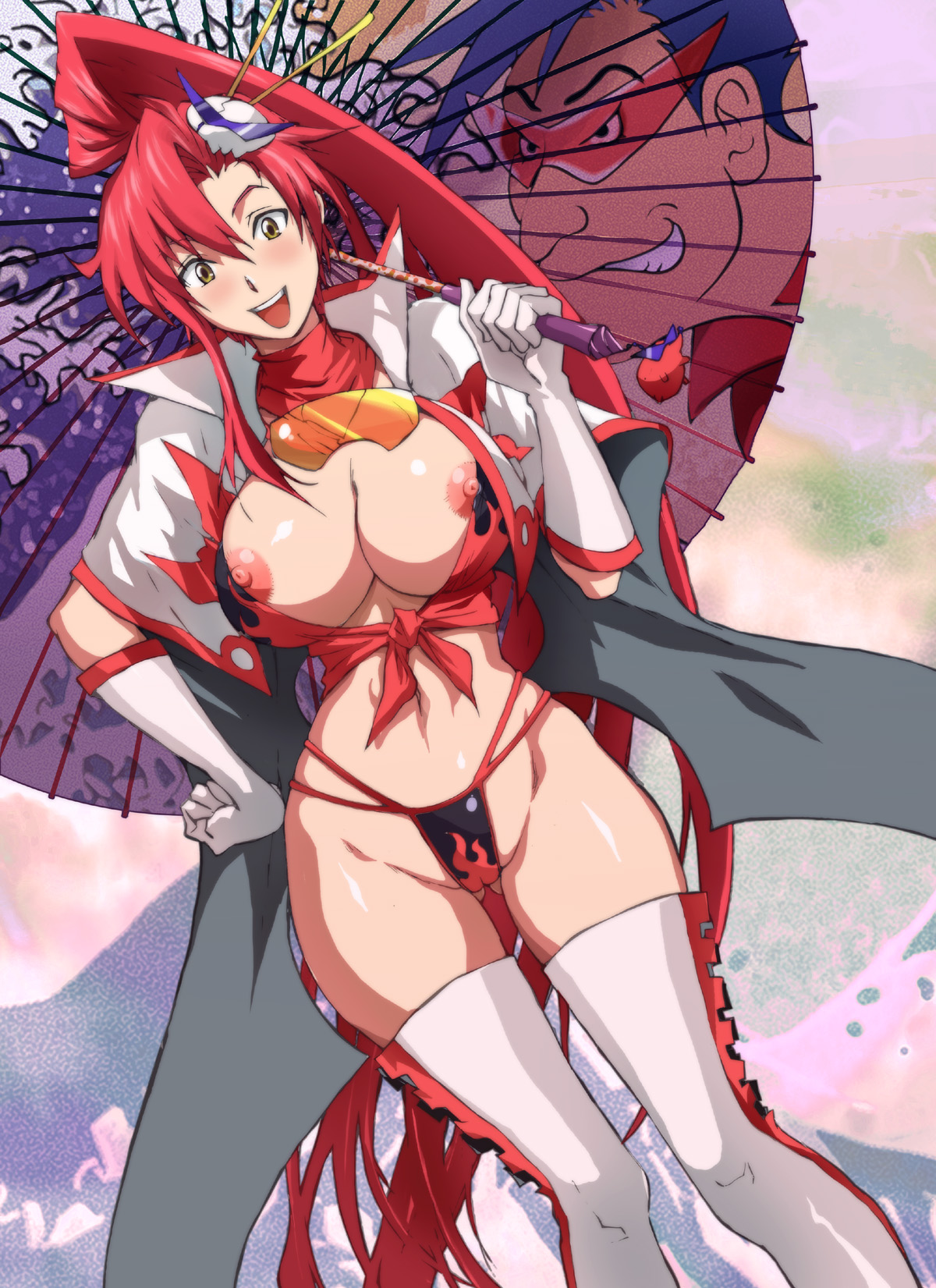 kon-kit, space yoko, yoko littner, tengen toppa gurren lagann, highres, 1girl, breasts, bursting breasts, cape, chopsticks, curvy, elbow gloves, female focus, fine art parody, front-tie top, glasses, gloves, hair ornament, hip focus, large breasts, long hair, midriff, nipples, no bra, oil-paper umbrella, open mouth, panties, parasol, parody, ponytail, red hair, shirt, smile, solo, sunglasses, sunglasses removed, thighhighs, thong, tied shirt, umbrella, underwear, very long hair, white thighhighs, wide hips, yellow eyes
