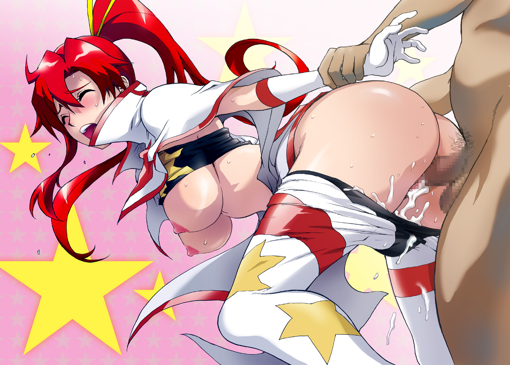 kon-kit, space yoko, yoko littner, tengen toppa gurren lagann, arm grab, highres, 00s, 1boy, 1girl, arm held back, ass, bandeau, bent over, blush, breasts, censored, closed eyes, clothes lift, clothes pull, covered erect nipples, cum, cum in pussy, doggystyle, ejaculation, elbow gloves, gloves, hanging breasts, hetero, holding another's wrist, large breasts, long hair, male pubic hair, mosaic censoring, nipples, no bra, no panties, open mouth, pants, pants pull, penis, ponytail, pubic hair, rape, red hair, screaming, sex, sex from behind, shirt lift, solo focus, strapless, sweat, testicles, tube top, tube top lift, underboob, vaginal