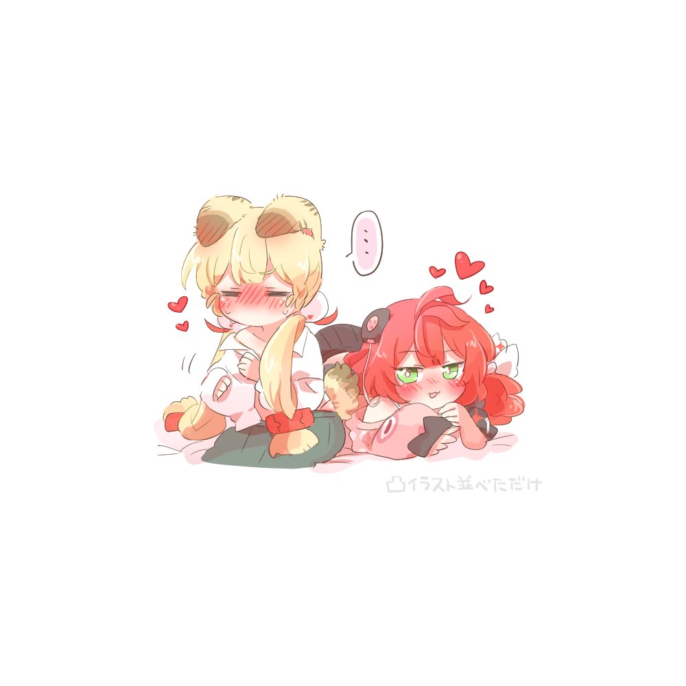 rebecca (keinelove), alice thymefield, ukinami yuzuha, zenless zone zero, commentary request, translation request, …, 2girls, :3, :d, animal ears, blonde hair, blush, chibi, chibi only, closed eyes, collared shirt, full body, green skirt, hair ornament, heart, long hair, long sleeves, low twintails, multiple girls, no mouth, nose blush, open mouth, pink sweater, pleated skirt, rabbit ears, rabbit girl, rabbit tail, shirt, simple background, single bare shoulder, sitting, skirt, smile, sphere hair ornament, spoken ellipsis, sweatdrop, sweater, tail, twintails, white background, white shirt