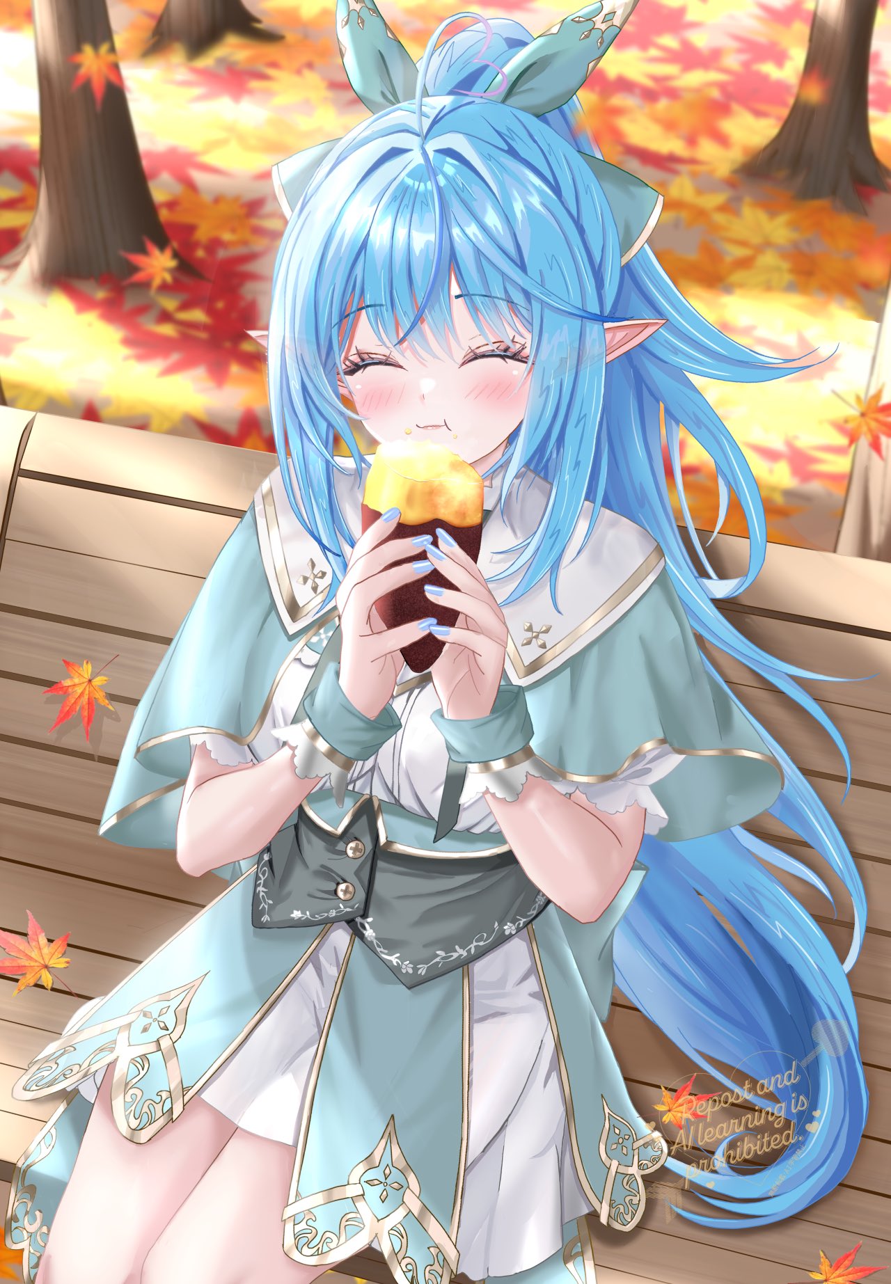 erin (sherryseraph), yukihana lamy, hololive, commentary request, highres, 1girl, autumn, autumn leaves, bench, blue hair, blush, breasts, closed eyes, cowboy shot, dress, eating, elf, food, hair ribbon, high ponytail, holding, holding food, large breasts, leaf, long hair, pointy ears, ponytail, ribbon, sitting, solo, virtual youtuber, watermark, white dress