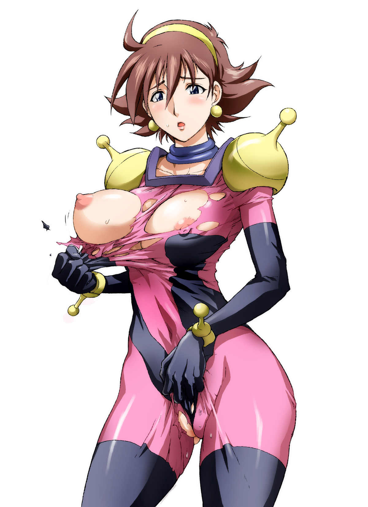 kon-kit, rain mikamura, g gundam, gundam, highres, 1990s (style), 1girl, blue eyes, blush, bodysuit, breasts, brown hair, covered erect nipples, curvy, earrings, female focus, gloves, jewelry, large breasts, looking at viewer, mecha pilot suit, mobile trace suit, nipples, one breast out, open mouth, pussy, retro artstyle, self clothes tearing, short hair, shoulder pads, simple background, solo, sweat, tearing clothes, thighhighs, torn clothes, wedgie, white background