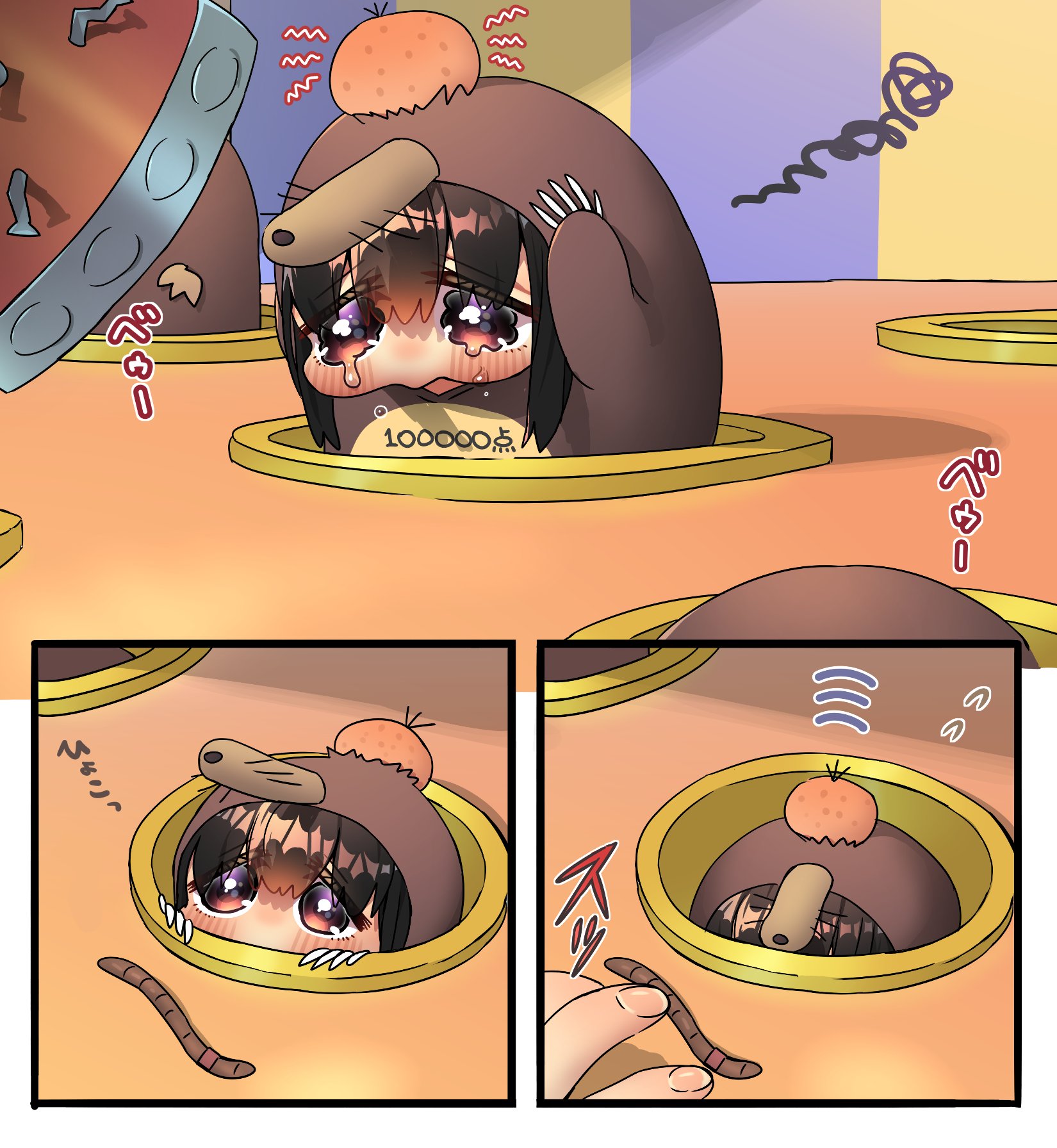 harumina mau, original, commentary request, highres, 1girl, 1other, beaver girl, black hair, blush, chibi, crying, flying sweatdrops, hammer, head bump, red eyes, short hair, tears, whac-a-mole, worm, yurie mouth