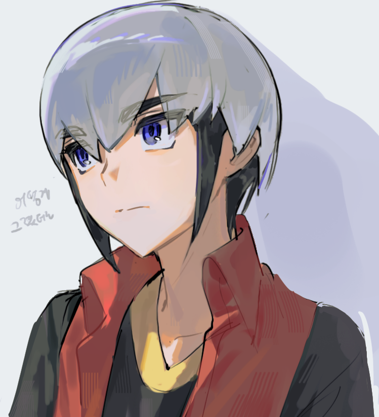 jinsu exe, eugene chaud (mega man), mega man (series), mega man battle network (series), commentary request, korean commentary, 1boy, black hair, black shirt, collarbone, male focus, multicolored hair, red vest, shirt, solo, two-tone hair, upper body, vest, white hair