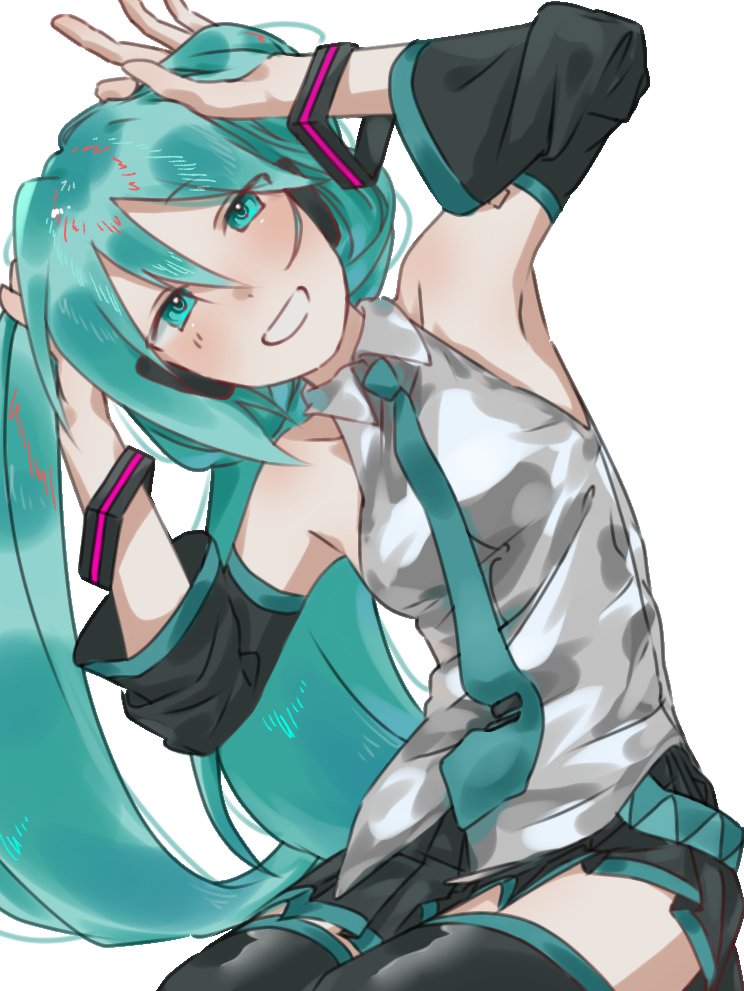 mgx xpm, hatsune miku, vocaloid, hashtag-only commentary, 1girl, aqua hair, aqua necktie, armpits, bare shoulders, black boots, black skirt, boots, detached sleeves, grey shirt, hair between eyes, hands in own hair, long hair, looking at viewer, miniskirt, necktie, shirt, simple background, sitting, skirt, sleeveless, sleeveless shirt, smile, solo, thigh boots, twintails, white background