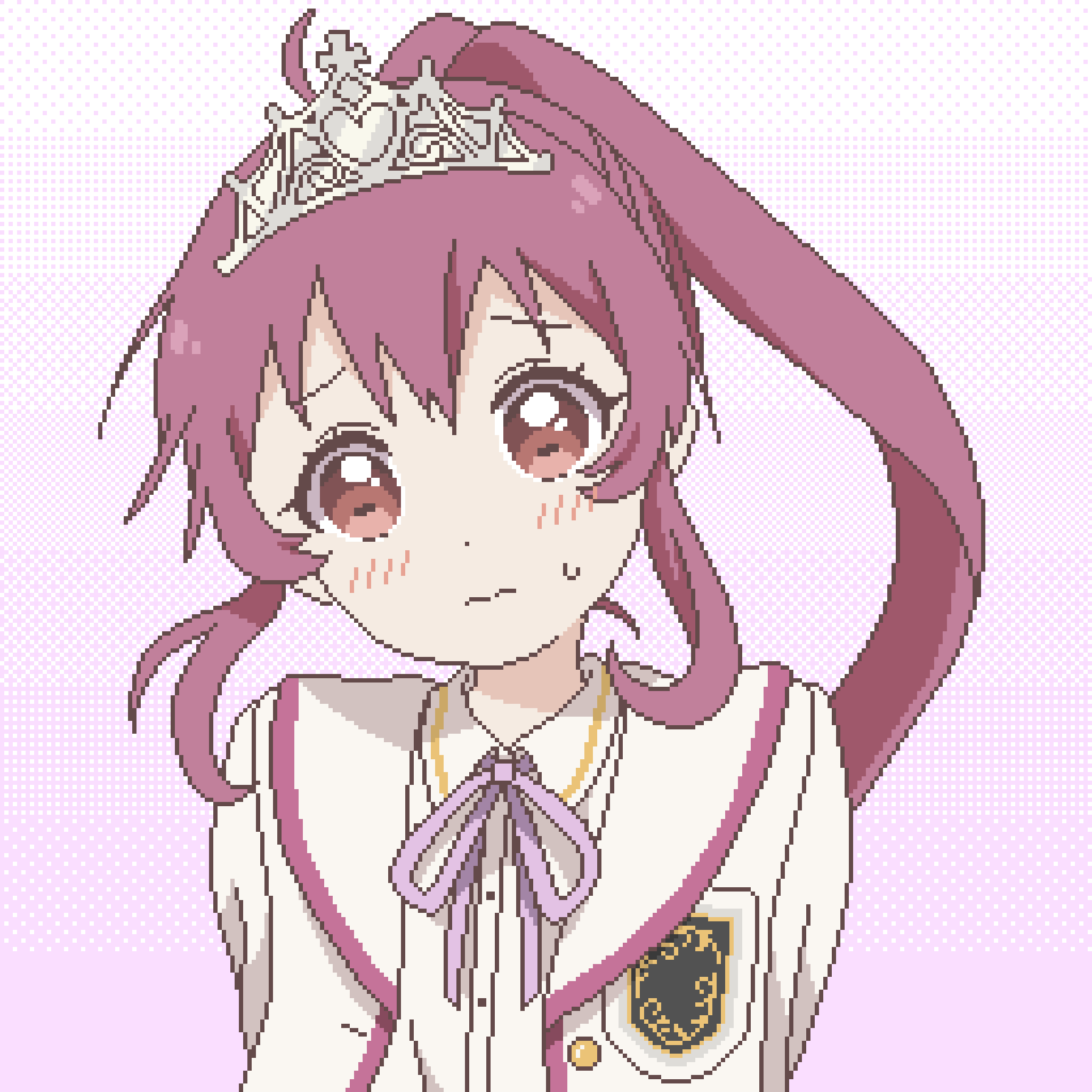 sugiura ayano, yuruyuri, commentary request, highres, 1girl, alternate costume, arms behind back, crown, furrowed brow, long hair, looking at viewer, neck ribbon, pixel art, ponytail, purple background, purple eyes, purple hair, purple ribbon, ribbon, shirt, simple background, solo, sweatdrop, upper body, wavy mouth, white shirt, yuru kaze