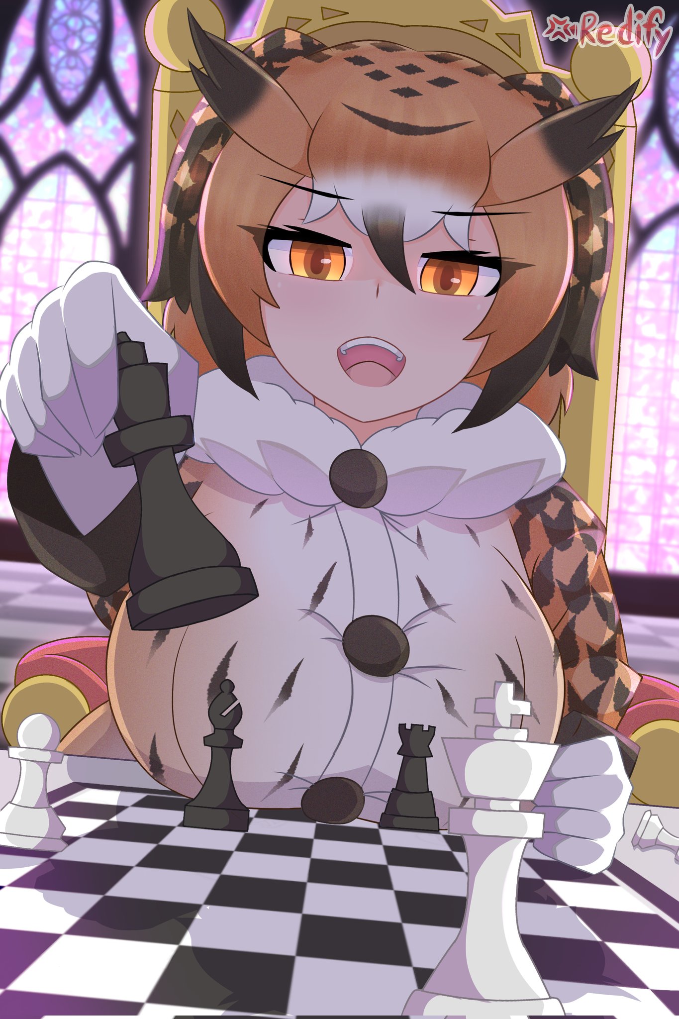 eurasian eagle owl (kemono friends), kemono friends, commentary, english commentary, highres, animal ears, bishop (chess), black hair, blush, board game, breasts, brown eyes, brown hair, chair, chess, chess piece, chessboard, coat, fur collar, gloves, grey hair, hair between eyes, head wings, holding, holding chess piece, iredify, king (chess), large breasts, long sleeves, looking at viewer, multicolored hair, open mouth, pawn (chess), playing chess, queen (chess), short hair, smile, table, tail, white hair, wings