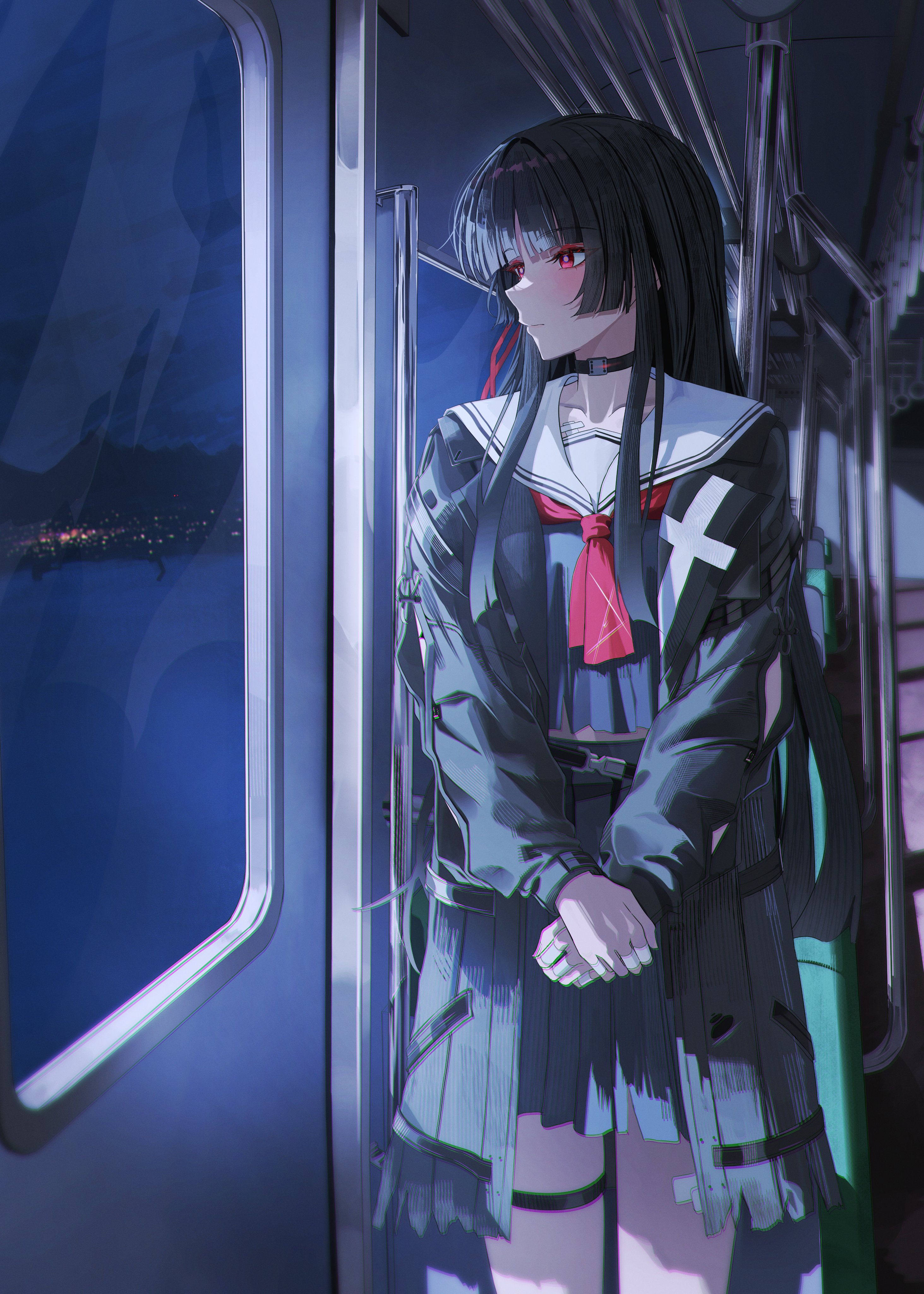 rin0 (gujrv), chisa (wuthering waves), wuthering waves, absurdres, commentary, hashtag-only commentary, highres, 1girl, arm cutout, black choker, black hair, black jacket, black shirt, black skirt, blush, breasts, choker, chromatic aberration, closed mouth, clothing cutout, collarbone, hair ribbon, indoors, jacket, long hair, long sleeves, looking outside, medium breasts, neckerchief, red eyes, red neckerchief, red ribbon, ribbon, sailor collar, shirt, skirt, solo, thigh strap, train interior, white sailor collar