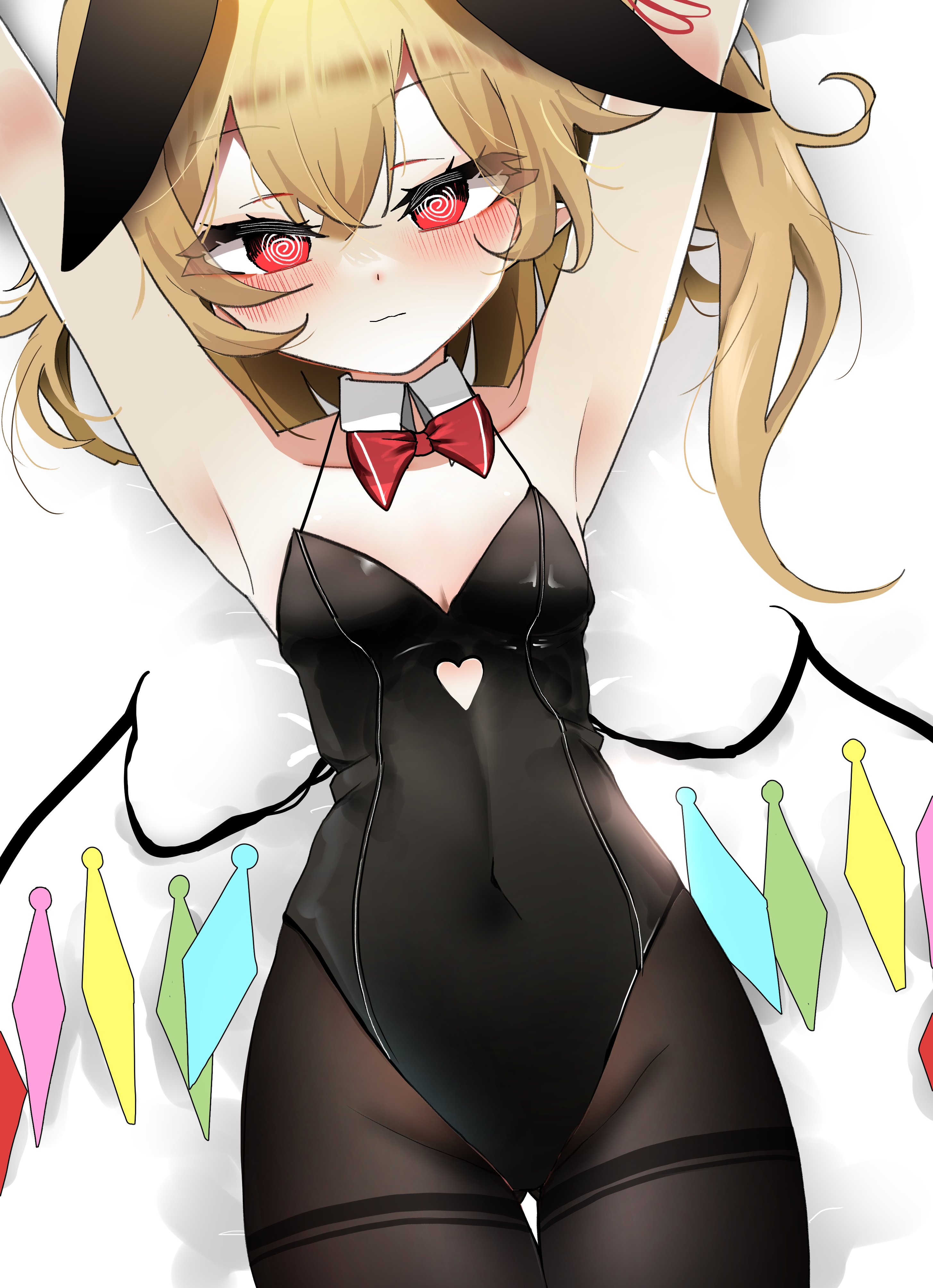 ougiikun, flandre scarlet, touhou, absurdres, commentary, english commentary, highres, 1girl, @ @, animal ears, armpits, arms tied above head, black leotard, black pantyhose, blonde hair, bow, bowtie, breasts, cleavage, clothing cutout, covered navel, crystal wings, detached collar, fake animal ears, heart cutout, leotard, looking at viewer, lying, on back, pantyhose, playboy bunny, rabbit ears, red bow, red bowtie, red eyes, solo, thigh gap, thighband pantyhose, wings