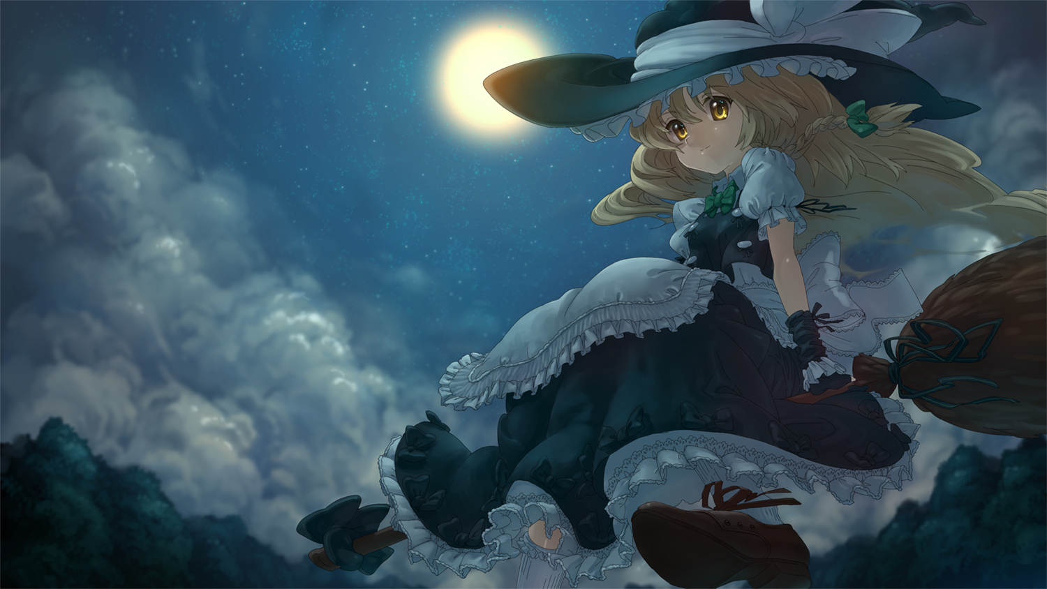 atsuki, kirisame marisa, touhou, bad id, bad pixiv id, 1girl, apron, blonde hair, bow, bowtie, braid, broom, broom riding, buttons, cloud, embellished costume, female focus, fingerless gloves, flying, frills, from below, full moon, gloves, hat, kneehighs, lace, light smile, moon, night, night sky, short hair, side braid, sidesaddle, single braid, sky, socks, solo, staring, white socks, witch hat, yellow eyes