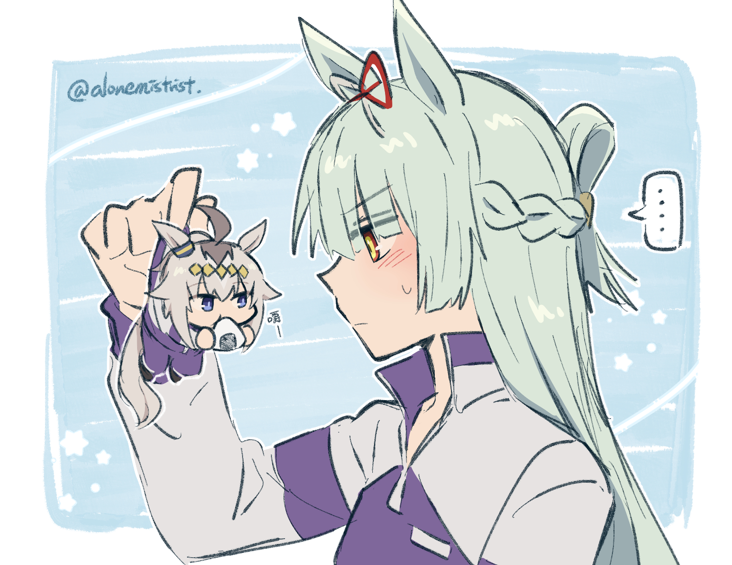 alonemistrist, fujimasa march (umamusume), oguri cap (umamusume), umamusume, umamusume: cinderella gray, commentary request, 2girls, animal ears, blue hair, blue sky, eating, food, furrowed brow, grey hair, gym uniform, hair between eyes, hand on another's shoulder, holding, holding mini person, horse ears, horse girl, horse tail, jacket, kasamatsu tracen training uniform, light blush, long hair, long sleeves, mini person, multicolored hair, multiple girls, onigiri, pants, sky, tail, track jacket, track pants, track suit, track uniform