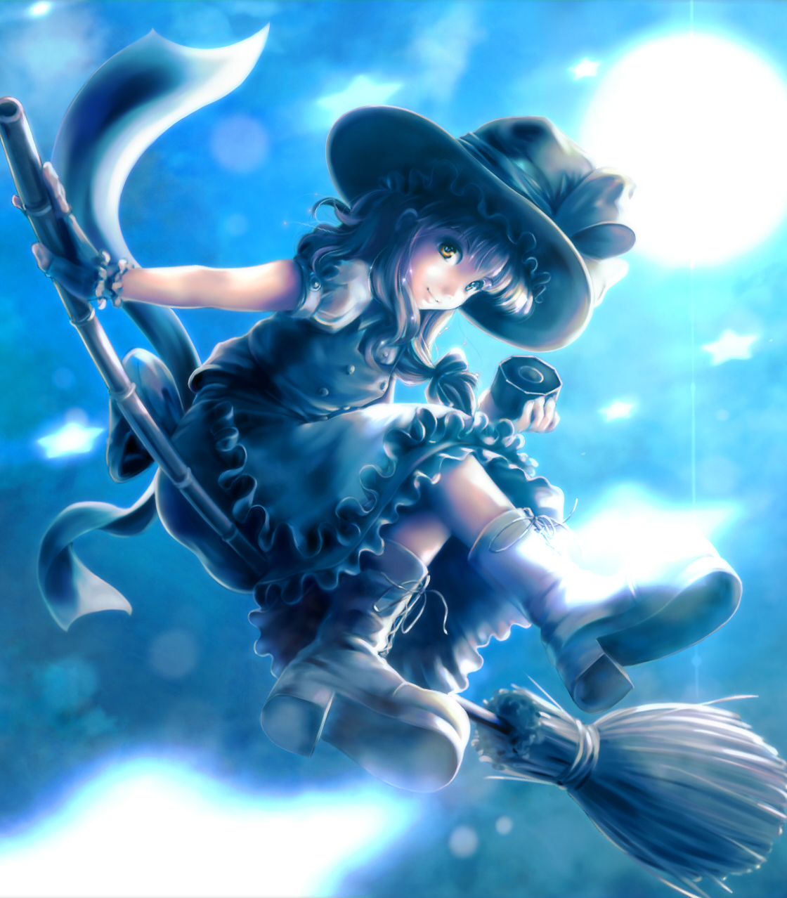 nejime (suisentoire-02), kirisame marisa, touhou, bad id, bad pixiv id, highres, 1girl, blonde hair, broom, broom riding, female focus, full moon, mini-hakkero, moon, sidesaddle, solo