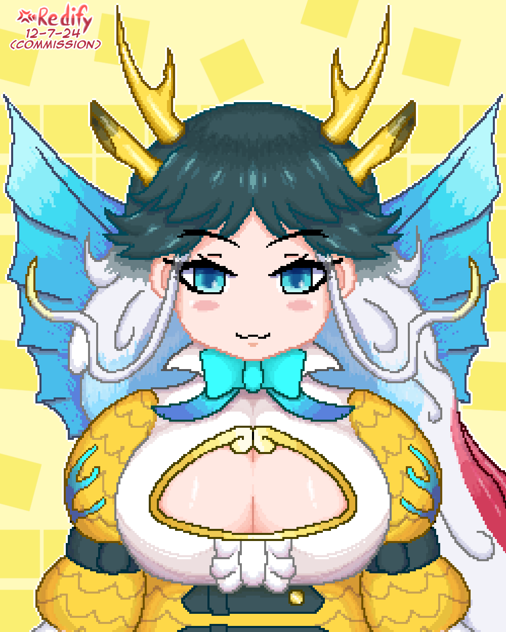 kirin (kemono friends), kemono friends, kemono friends 3, commentary, english commentary, highres, 1girl, :3, animal ears, black hair, blue eyes, bow, bowtie, breasts, cleavage, cleavage cutout, clothing cutout, dragon ears, extra ears, giraffe ears, giraffe girl, giraffe horns, gloves, horns, iredify, large breasts, long hair, looking at viewer, multicolored hair, pixel art, red hair, scale print, smile, solo, tail, white hair, wings, yellow horns, yellow trim