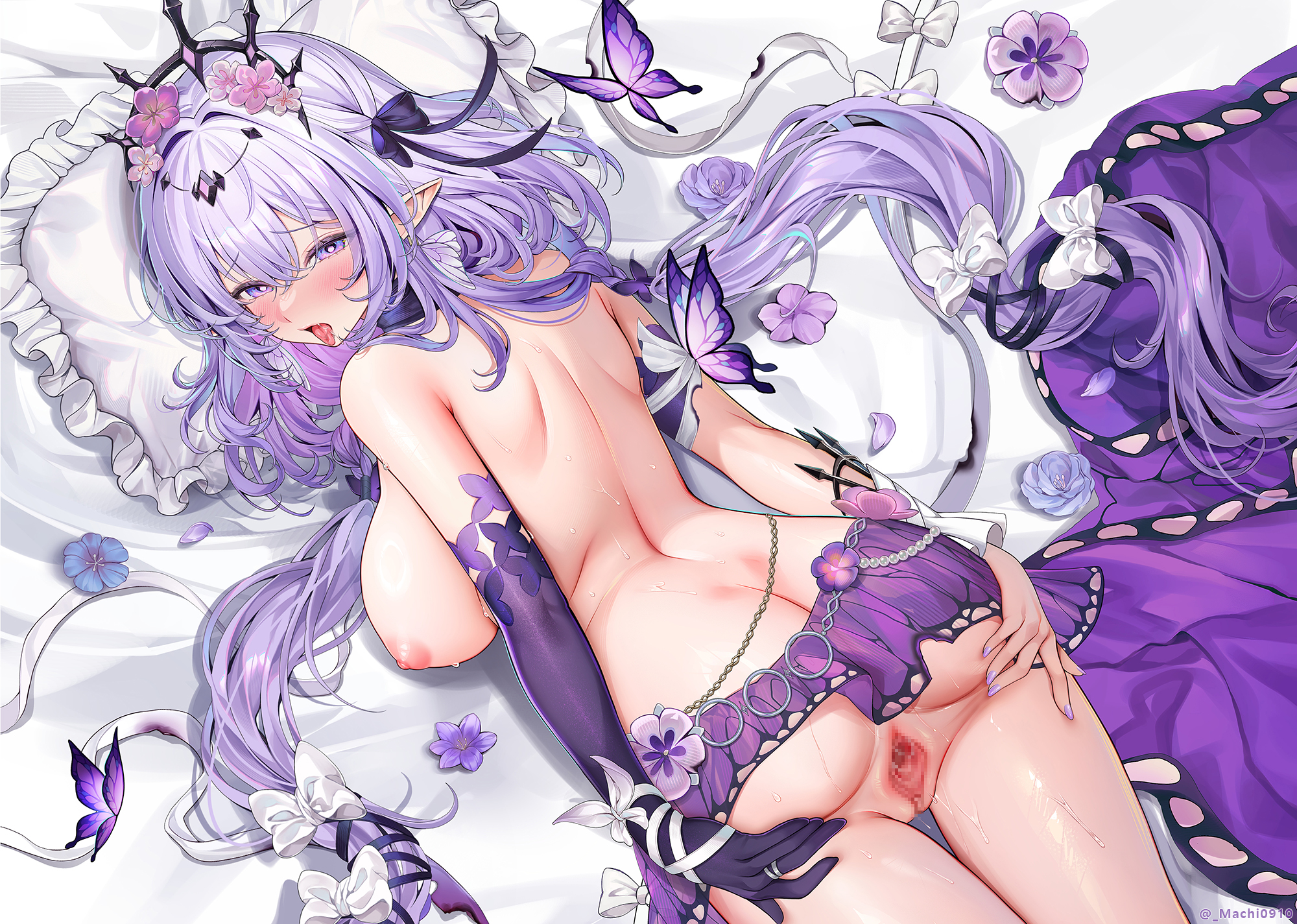 machi (machi0910), castorice (honkai: star rail), honkai: star rail, honkai (series), commentary request, highres, paid reward available, 1girl, armpit crease, back, bare shoulders, bed, black tiara, blush, bow, breasts, bug, butterfly, butterfly earrings, censored, clitoral hood, clitoris, dakimakura (medium), earrings, elbow gloves, flower, from behind, gloves, hair between eyes, hair bow, hair flower, hair intakes, hair ornament, hands on own ass, insect, jewelry, large breasts, long hair, looking at viewer, looking back, median furrow, miniskirt, mosaic censoring, nipples, no panties, on bed, open mouth, pillow, pink flower, pointy ears, purple bow, purple butterfly, purple eyes, purple gloves, purple hair, purple skirt, pussy, shoulder blades, sidelocks, single elbow glove, skirt, solo, spread pussy, spreading own pussy, sweat, swimsuit, thighs, tiara, tongue, tongue out, topless female, twitter username, upper body