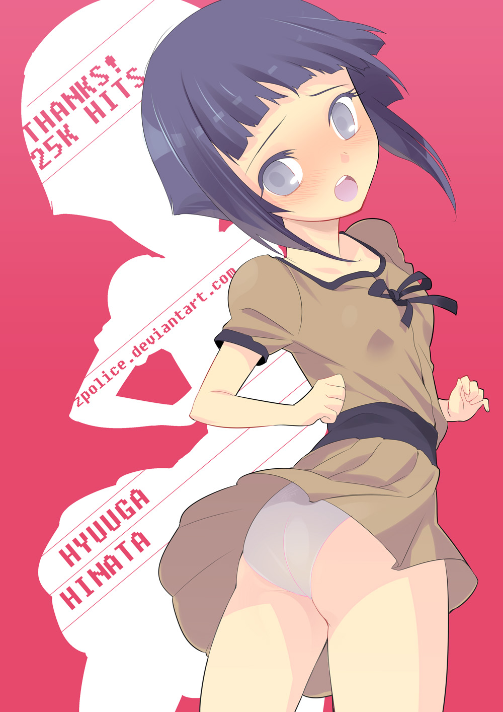 zpolice, hyuuga hinata, naruto (classic), naruto (series), bad id, bad pixiv id, highres, 1girl, aged down, ass, blue hair, blush, female focus, grey eyes, loli, looking back, milestone celebration, panties, pantyshot, pink panties, short hair, solo, underwear