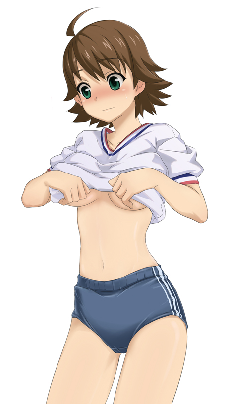 tokita arumi, awakened miki, hoshii miki, idolmaster, idolmaster (classic), 00s, 1girl, ahoge, blush, breasts, brown hair, buruma, green eyes, gym uniform, medium breasts, midriff, navel, nervous, short hair, simple background, sweatdrop, underboob, undressing