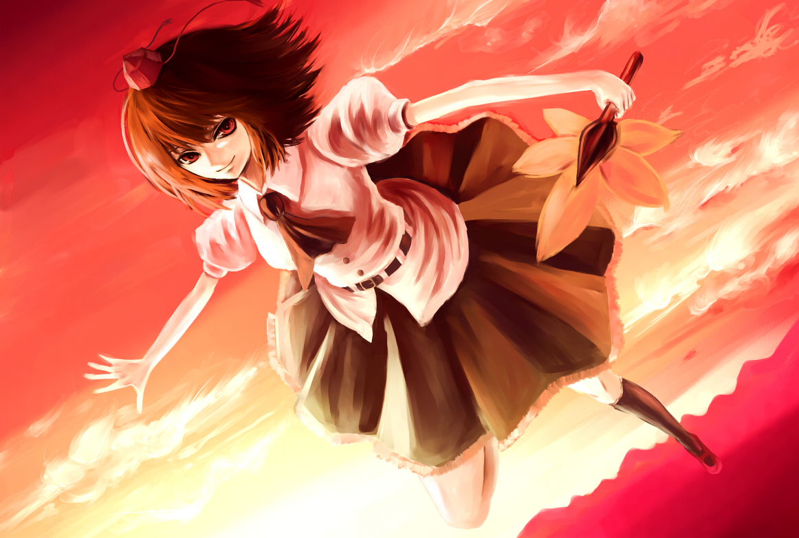 parsley-f, shameimaru aya, touhou, bad id, bad pixiv id, 1girl, black hair, female focus, hand fan, hat, hauchiwa, looking at viewer, outdoors, short hair, sky, smile, solo, tokin hat