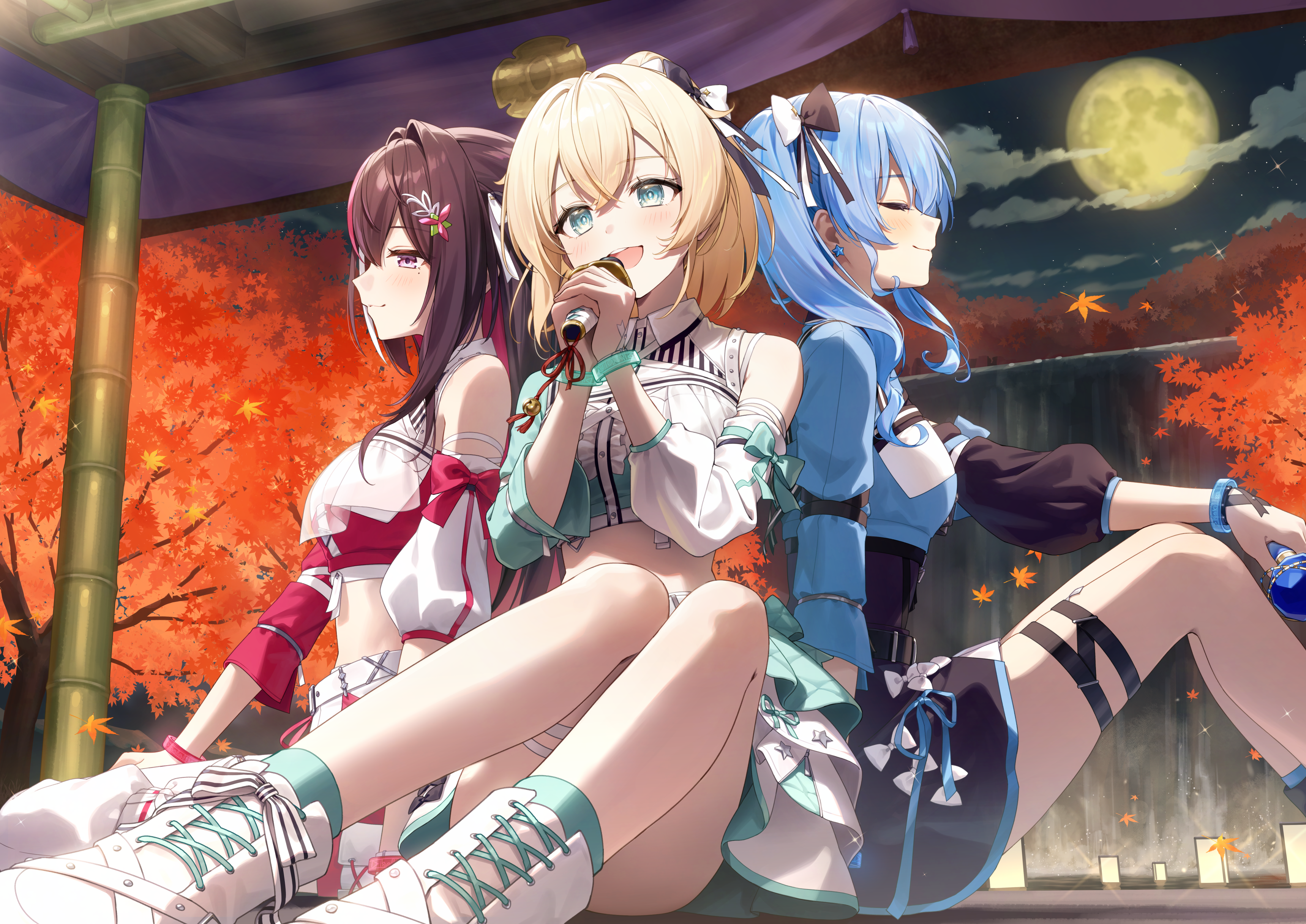 akabino, azki (hololive), hoshimachi suisei, kazama iroha, hololive, absurdres, commentary request, highres, 3girls, :d, ankle boots, aqua eyes, aqua shirt, asymmetrical sidelocks, asymmetrical sleeves, autumn leaves, black hair, black skirt, blonde hair, blue hair, blue shirt, boots, bow, braid, center frills, closed eyes, closed mouth, cloud, collared shirt, color-coded, colored inner hair, cropped shirt, crossed bangs, detached sleeves, double-parted bangs, frills, full moon, hair between eyes, hair bow, hair intakes, half up braid, holding, holding microphone, hololive idol uniform (color rise), idol clothes, lace-up boots, leaf, long hair, medium hair, microphone, miniskirt, mismatched sleeves, mole, mole under eye, moon, multicolored hair, multicolored shirt, multiple girls, music, night, night sky, official alternate costume, open mouth, pink hair, pink shirt, ponytail, puffy detached sleeves, puffy short sleeves, puffy sleeves, purple eyes, shirt, short sleeves, side ponytail, sidelocks, singing, single detached sleeve, single sleeve, sitting, skirt, sky, smile, streaked hair, thigh strap, very long hair, virtual youtuber, white boots, white hair, white shirt, white skirt