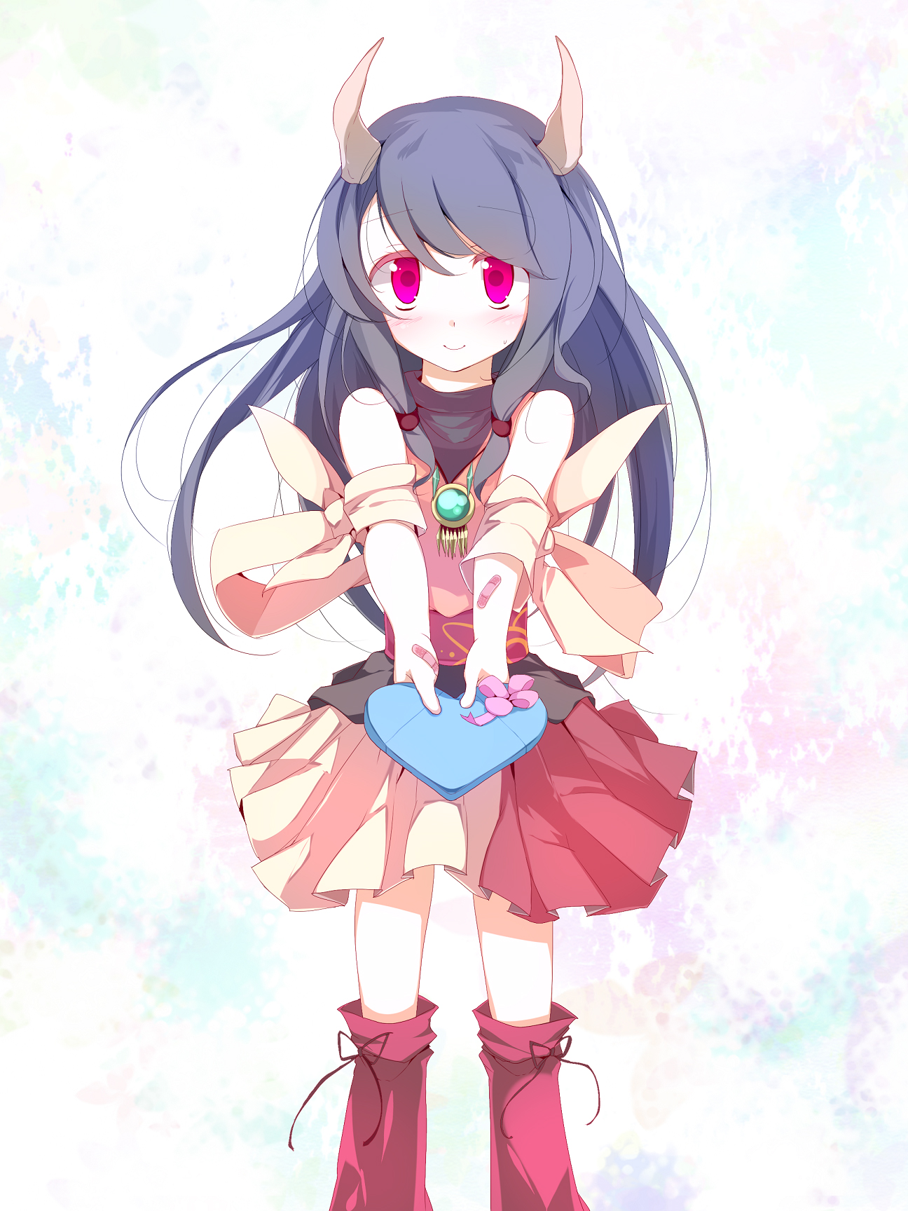 oouso, naga (staygarden), ryuujin naga, bad id, bad pixiv id, highres, 1girl, bandages, female focus, horns, long hair, red eyes, skirt, solo, valentine