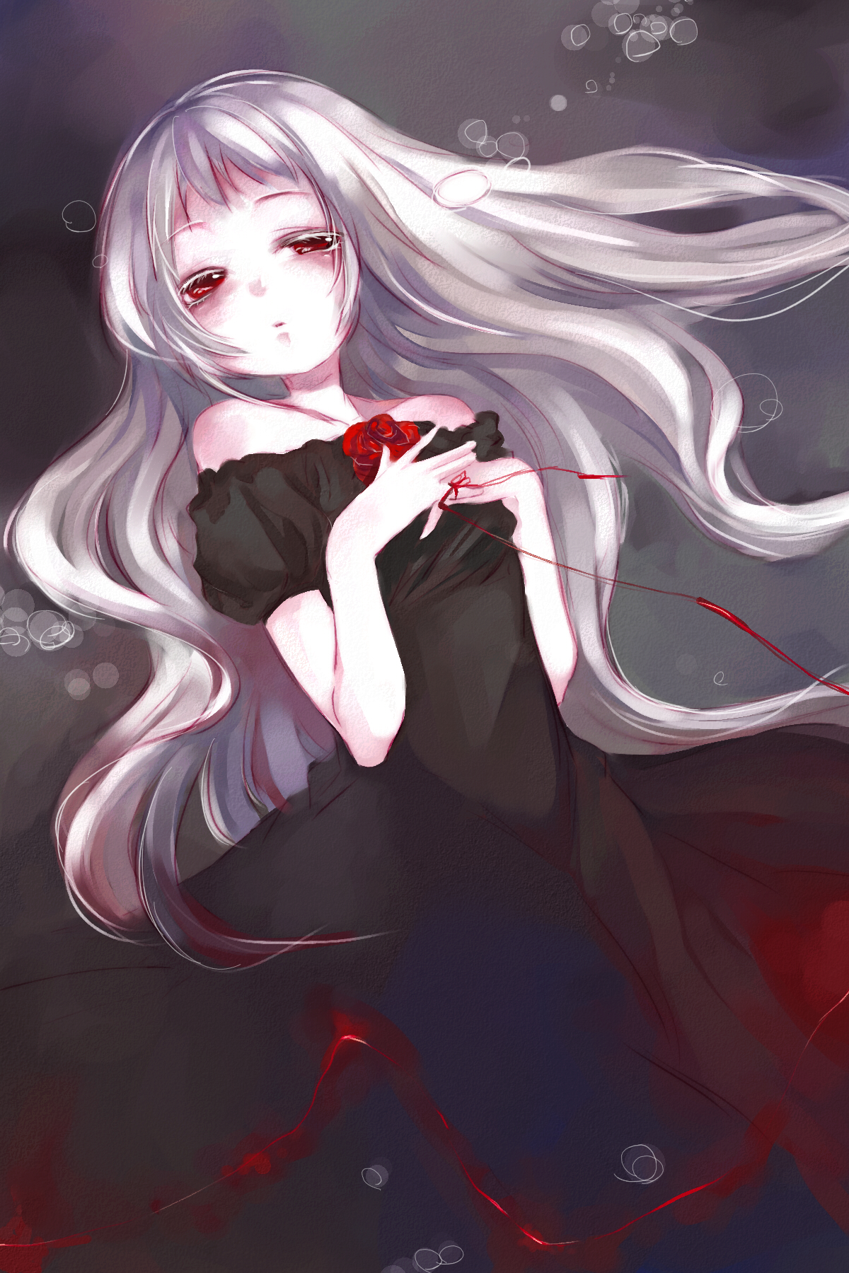 itou nanami, original, bad id, bad pixiv id, highres, albino, bare shoulders, colored eyelashes, dress, eyelashes, long hair, pale skin, red eyes, solo, string, string of fate, very long hair, white hair