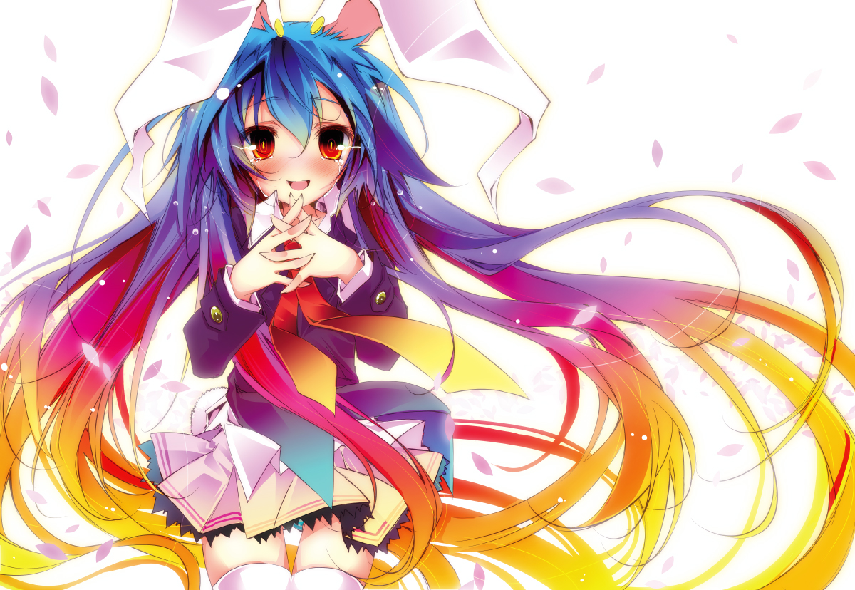 kamiya yuu, reisen udongein inaba, touhou, 1girl, animal ears, blush, colorful, female focus, gradient hair, long hair, multicolored hair, necktie, rabbit ears, rabbit girl, rabbit tail, red eyes, skirt, smile, solo, tail, tears, thighhighs, very long hair