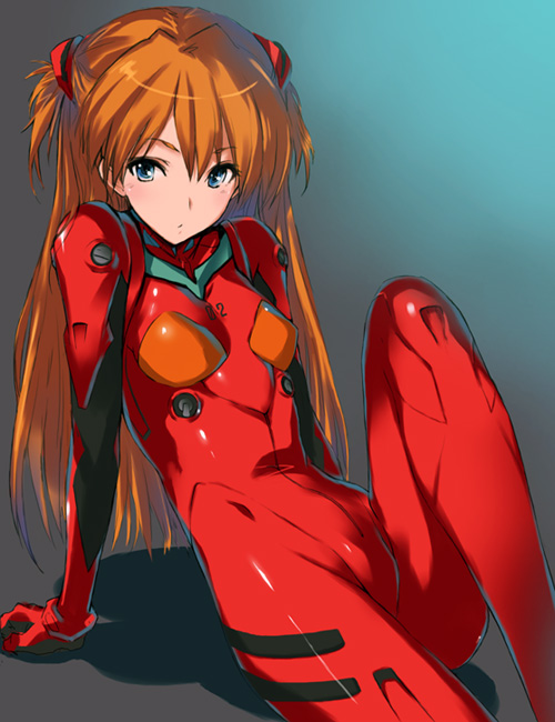 kawata hisashi, souryuu asuka langley, neon genesis evangelion, 1girl, arm support, blue eyes, blush, bodysuit, bracer, breasts, female focus, gloves, gradient background, grey background, hair ornament, knee up, long hair, mecha pilot suit, orange hair, parted lips, plugsuit (evangelion), reclining, shadow, shiny clothes, short twintails, sitting, skinny, small breasts, solo, turtleneck, twintails, two side up