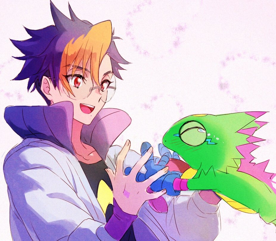 risyo, gekkomon, tenma tomoro, digimon, digimon beatbreak, 1boy, black shirt, blonde hair, blue hair, closed eyes, digimon (creature), gecko, glasses, jacket, male focus, open clothes, open jacket, purple eyes, round eyewear, shirt, simple background, tears, white background, white jacket