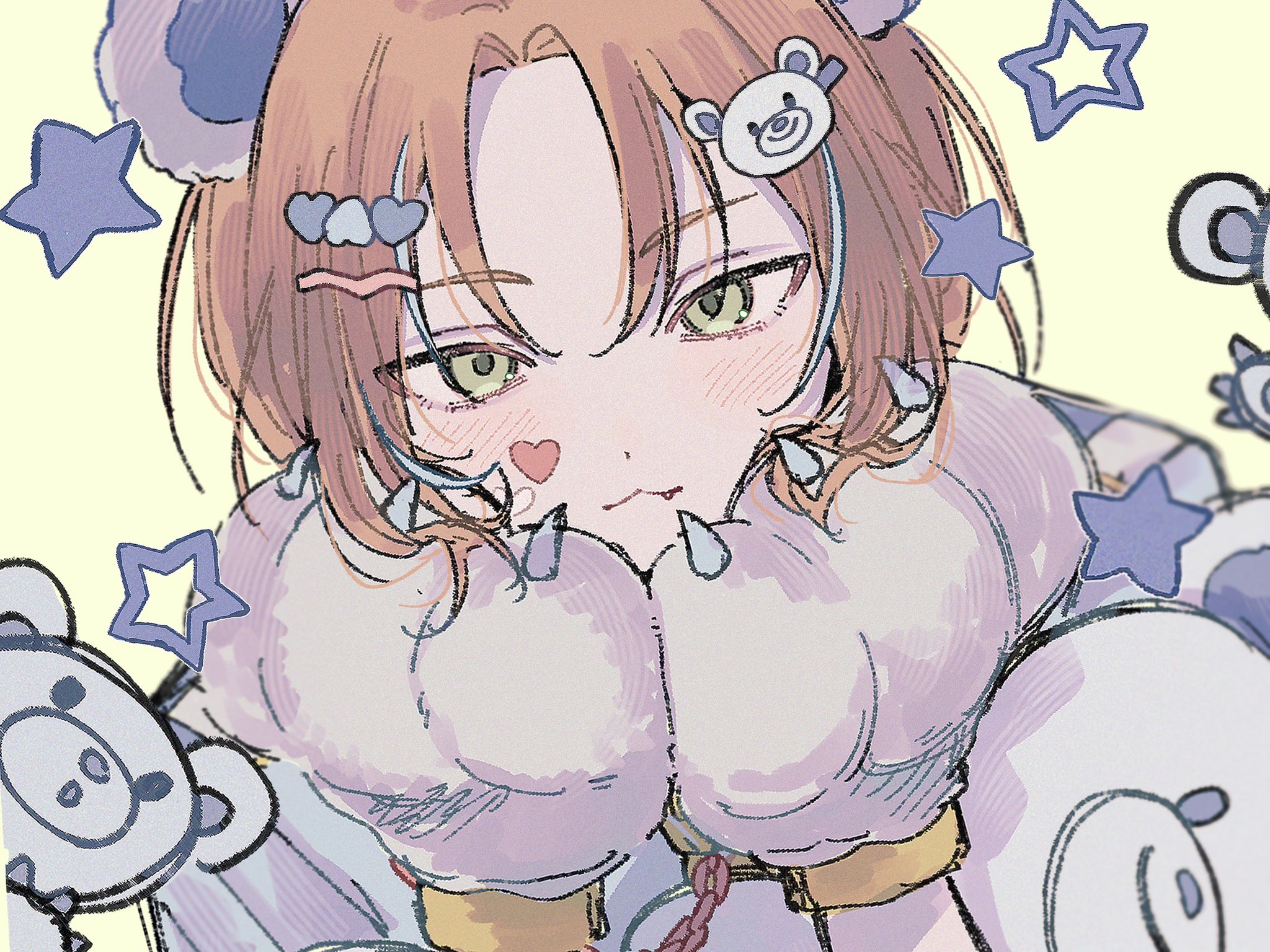 tsukinaga leo, ensemble stars!, commentary, highres, symbol-only commentary, 1boy, :3, animal hands, bear, bear hair ornament, bear paws, blue streaks, chain, claws, curtained hair, facial mark, fang, green eyes, hair between eyes, hair flowing over, hair ornament, hairclip, hands on own face, heart, heart facial mark, heart hair ornament, kuma kuma resq (ensemble stars!), male focus, medium hair, motsu e, orange hair, portrait, solo, star (symbol), stuffed animal, stuffed toy, teddy bear, yellow background