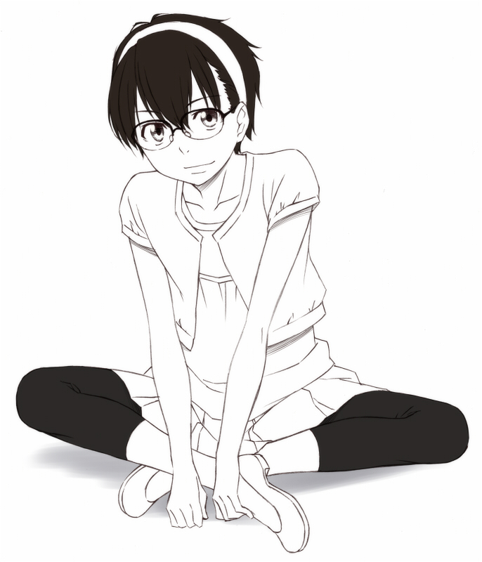 sawa jaaji, ninomiya fumiya, hourou musuko, 1boy, androgynous, black hair, black leggings, crossdressing, crossdressing (mtf), dress, flat chest, glasses, greyscale, hairband, leggings, male focus, monochrome, short hair, solo, trap