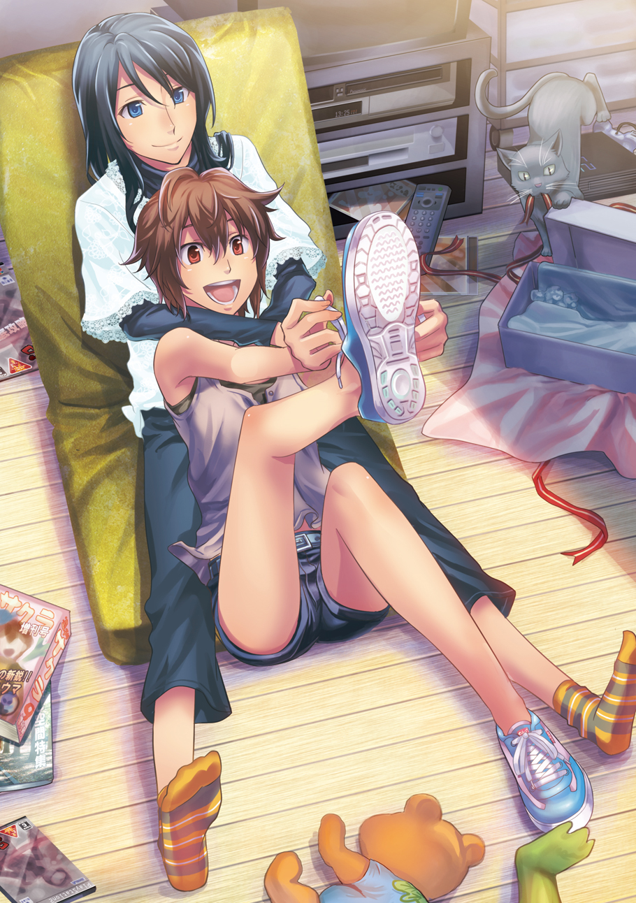 hikiyama towa, original, striped legwear, highres, 2girls, :d, belt, black hair, blue eyes, brown eyes, brown hair, capri pants, cat, controller, denim, feet, game console, hug, jeans, lace, laces, legs, long hair, multiple girls, no socks, open mouth, pants, playstation 2, remote control, shoe tying, shoes, short hair, short shorts, shorts, sitting, smile, sneakers, socks, striped clothes, striped socks, stuffed animal, stuffed toy, teddy bear, television