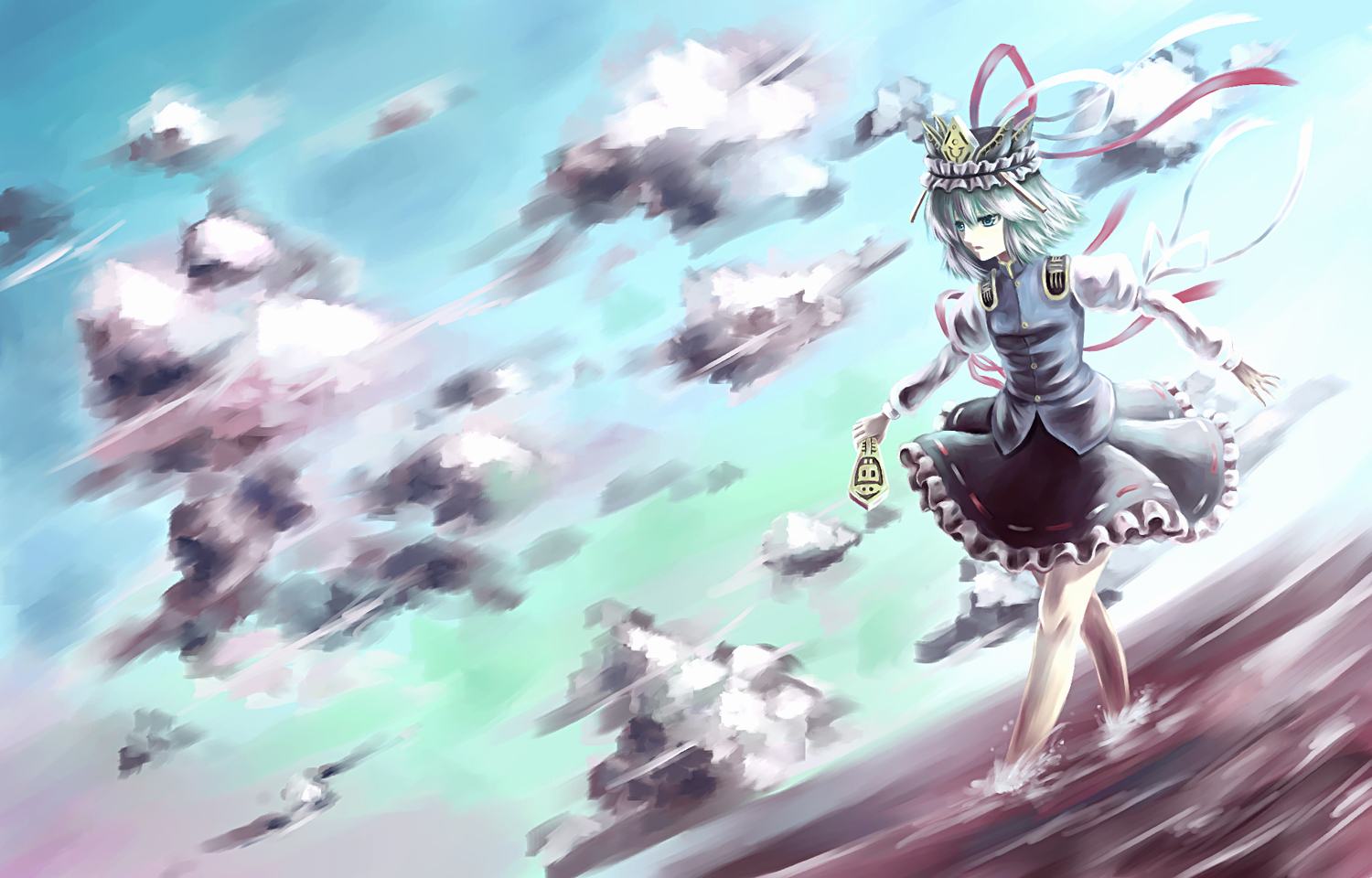 parsley-f, shiki eiki, touhou, bad id, bad pixiv id, 1girl, cloud, female focus, green eyes, green hair, hat, matching hair/eyes, rod of remorse, solo, wading, water