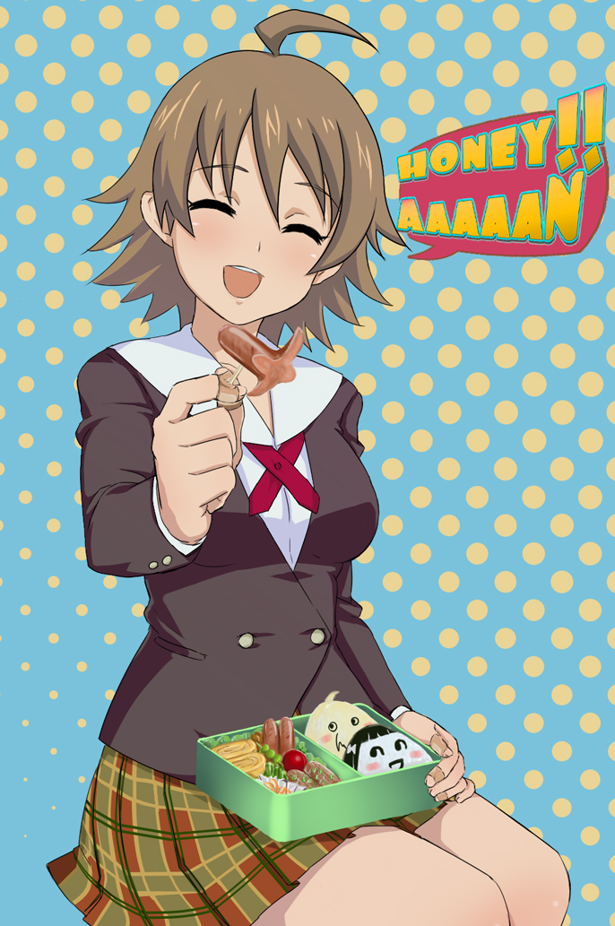 tokita arumi, awakened miki, hoshii miki, miki kuri, nonowa, idolmaster, idolmaster (classic), !, !!, 00s, 1girl, ahoge, bandages, bandaid, bandaid on hand, bento, blazer, breasts, brown hair, closed eyes, english text, female focus, food, food art, halftone, halftone background, happy, jacket, long hair, omelet, plaid clothes, plaid skirt, polka dot, school uniform, skirt, smile, solo, tako-san wiener, tamagoyaki